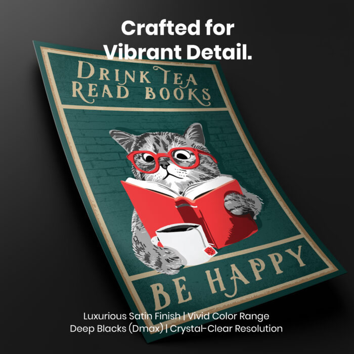Drink Tea Read Books Be Happy  Room Decor - Home Decor For Home -  Booklovers Cats Books Tea Unframed Wall Poster - Image 4