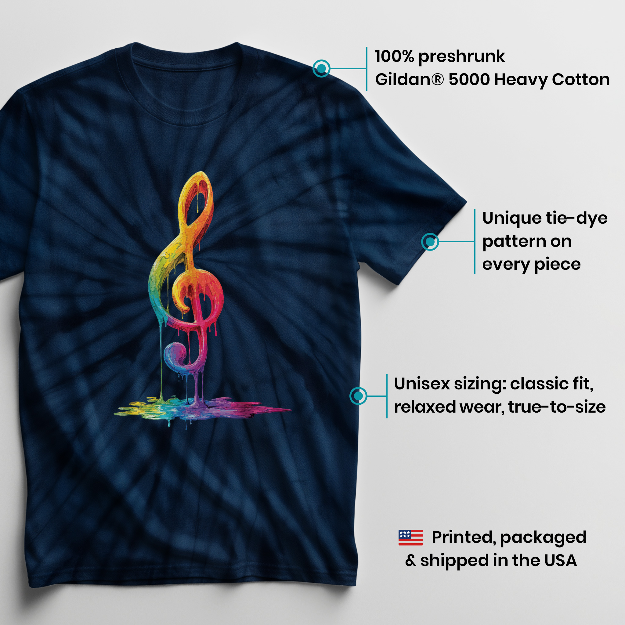 004002.Painted-Treble-Clef-003 Painted Treble Clef Rainbow Music Art Vibrant Graphic Print Unisex Tie Dye Cotton T-Shirt - Image 3