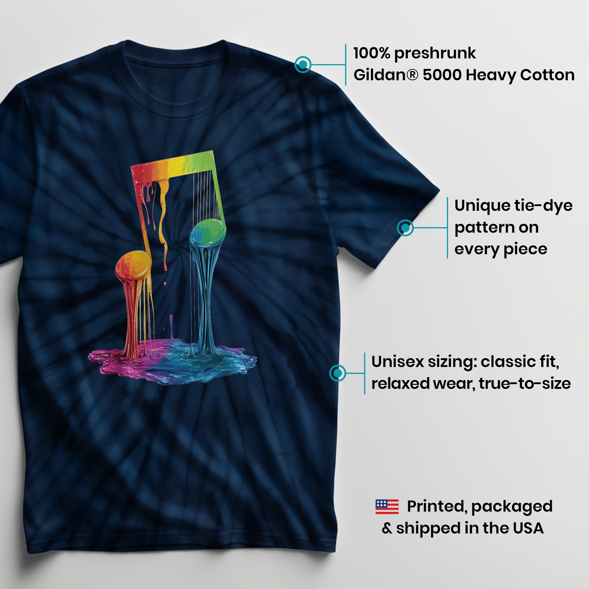 004003.Painted-Note-003 Painted Music Note Dripping Rainbow Modern Art Graphic Print Unisex Tie Dye Cotton T-Shirt - Image 3