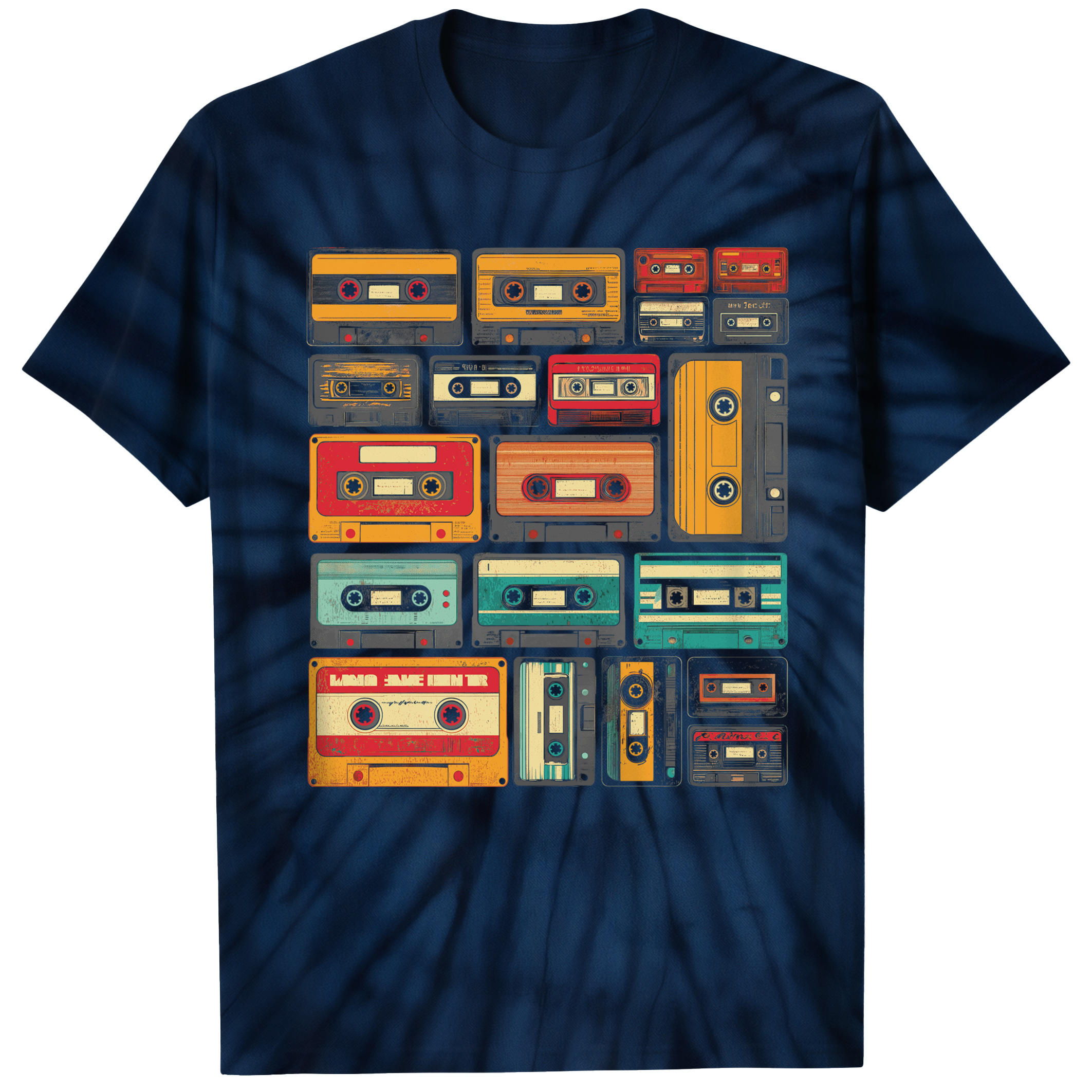 004007.Retro-Cassette-Tapes-dark-bg-001-Midnight Retro Cassette Tapes Music Lover Vintage Audio Graphic Art Unisex Tie Dye Cotton T-Shirt - Image 5