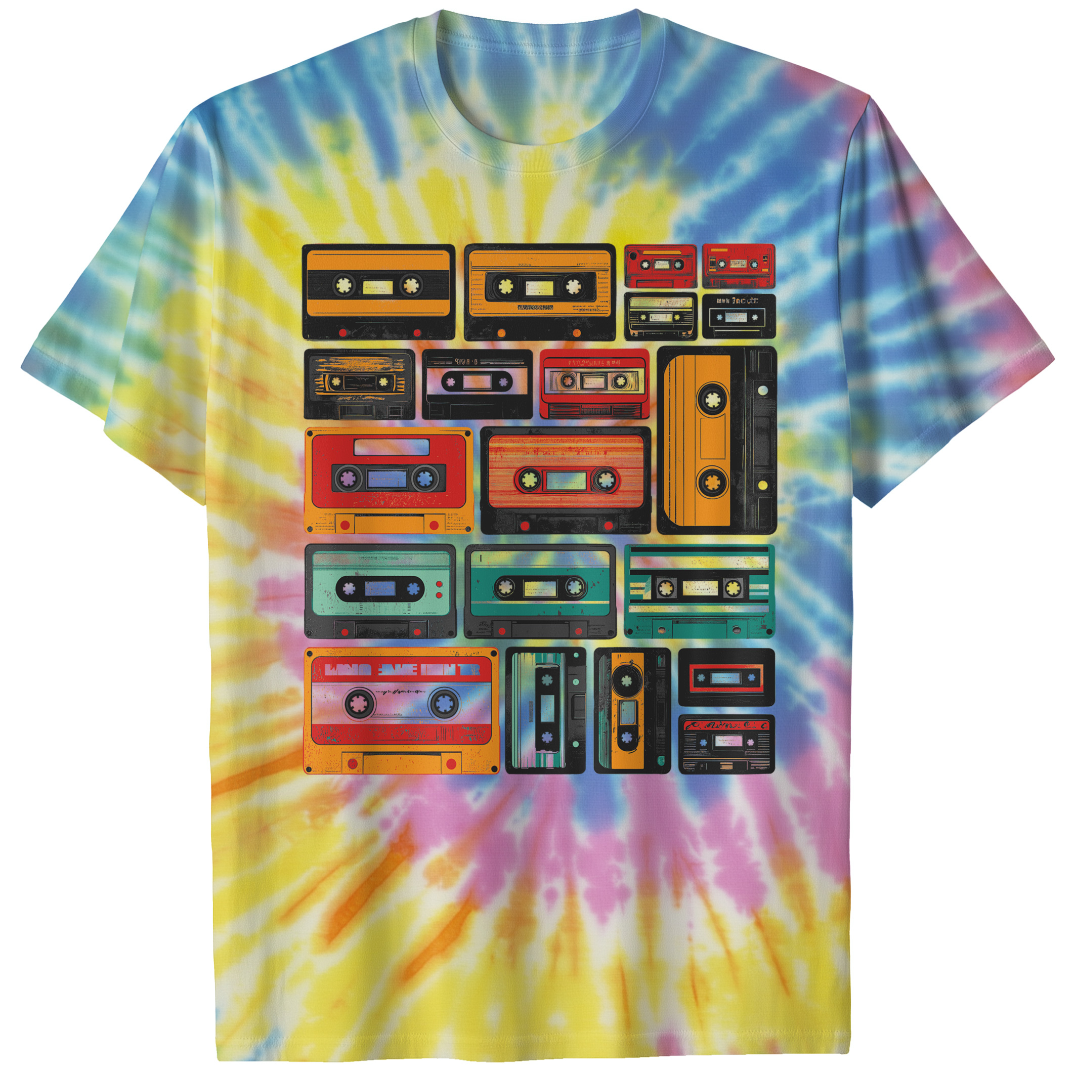 004007.Retro-Cassette-Tapes-light-bg-001-NR Retro Cassette Tapes Music Lover Vintage Audio Graphic Art Unisex Tie Dye Cotton T-Shirt - Image 6