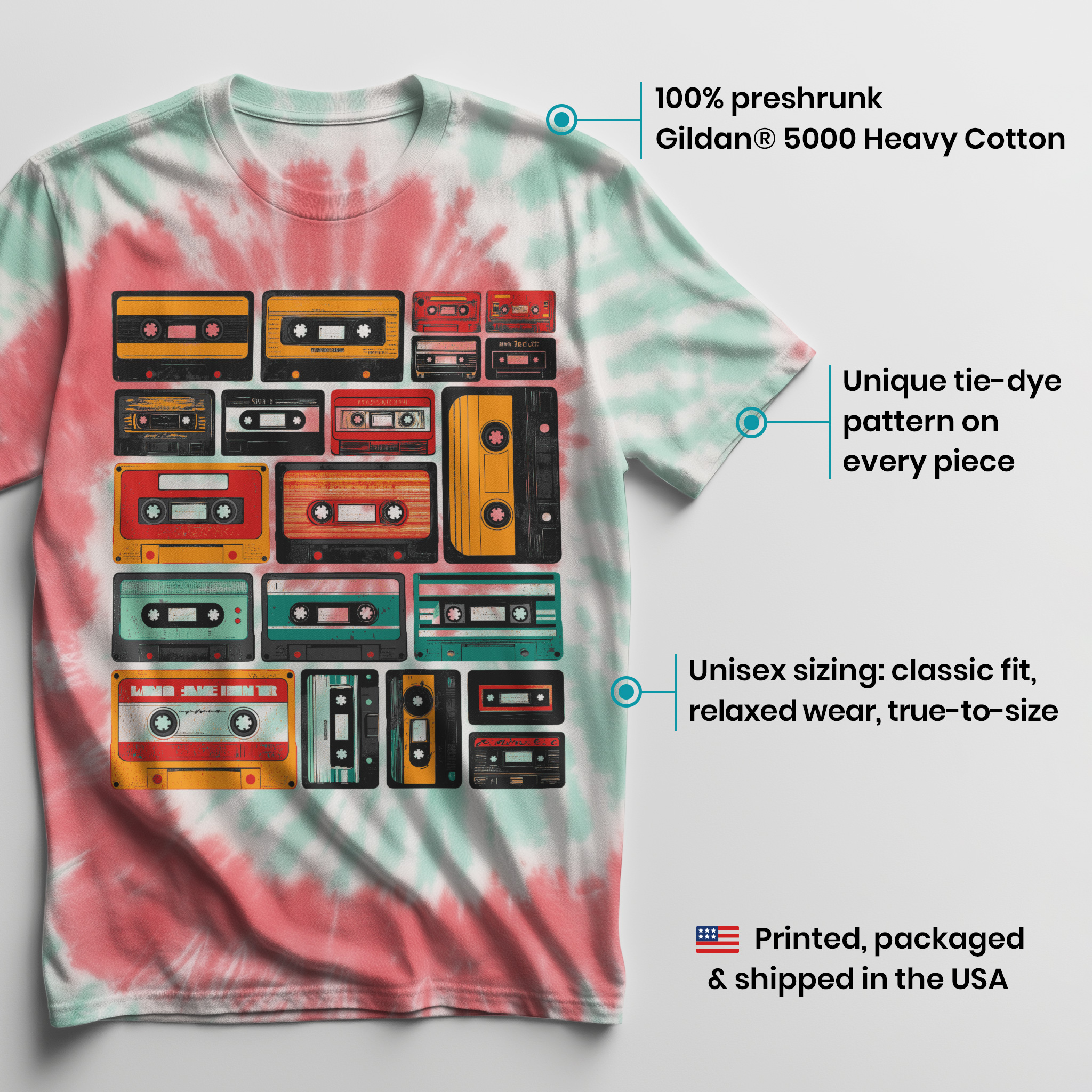 004007.Retro-Cassette-Tapes-light-bg-003 Retro Cassette Tapes Music Lover Vintage Audio Graphic Art Unisex Tie Dye Cotton T-Shirt - Image 3
