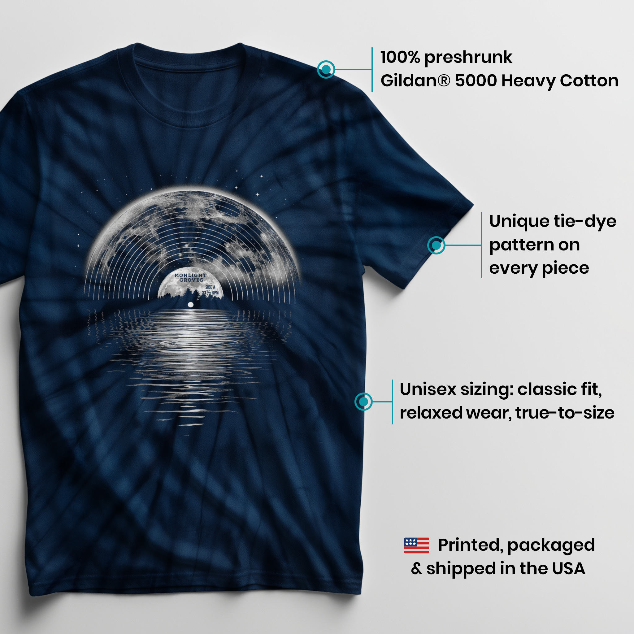 004011.Melting-Vinyl-Moon-dark-bg-003 Melting Vinyl Moon Light Record Reflective Art Design Unisex Tie Dye Cotton T-Shirt - Image 3