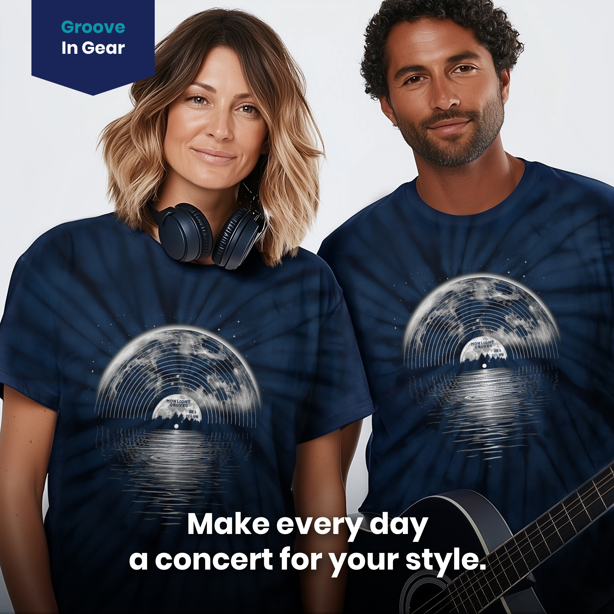 004011.Melting-Vinyl-Moon-dark-bg-004 Melting Vinyl Moon Light Record Reflective Art Design Unisex Tie Dye Cotton T-Shirt - Image 4