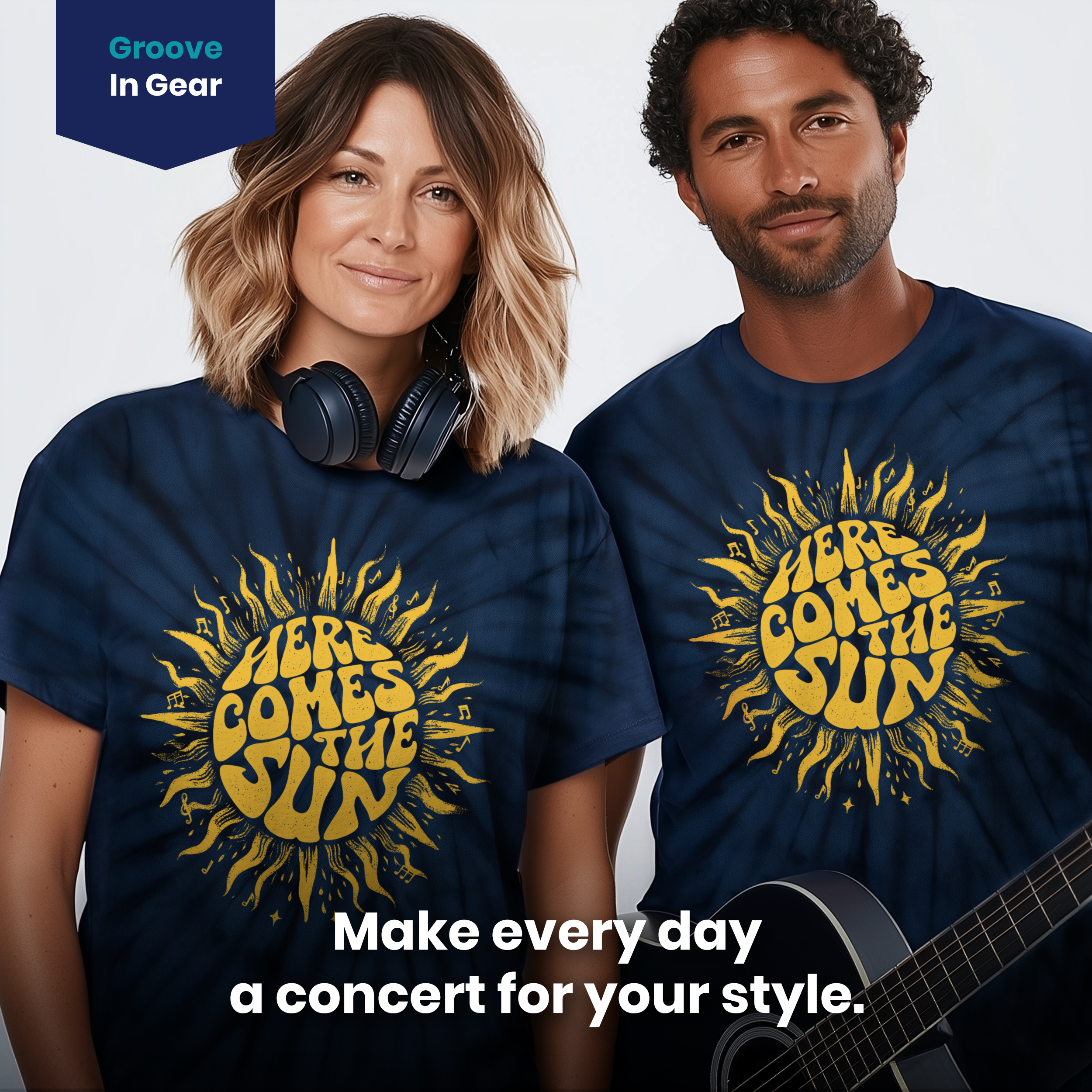 004015.Here-Comes-The-Sun-dark-bg-004 Here Comes The Sun Sunshine Retro Music Optimism Art Design Unisex Tie Dye Cotton T-Shirt - Image 4