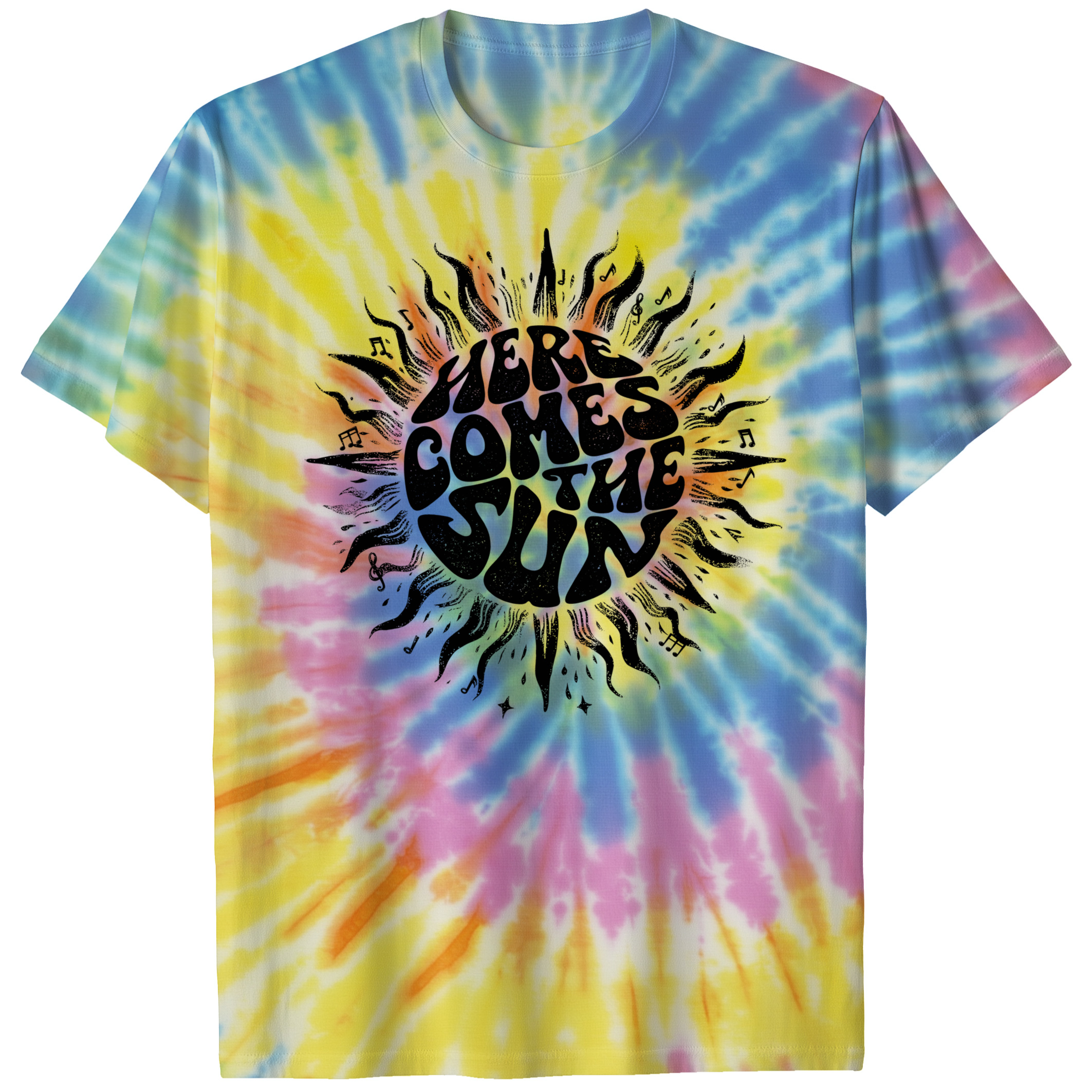 004015.Here-Comes-The-Sun-light-bg-001-NR Here Comes The Sun Sunshine Retro Music Optimism Art Design Unisex Tie Dye Cotton T-Shirt - Image 5