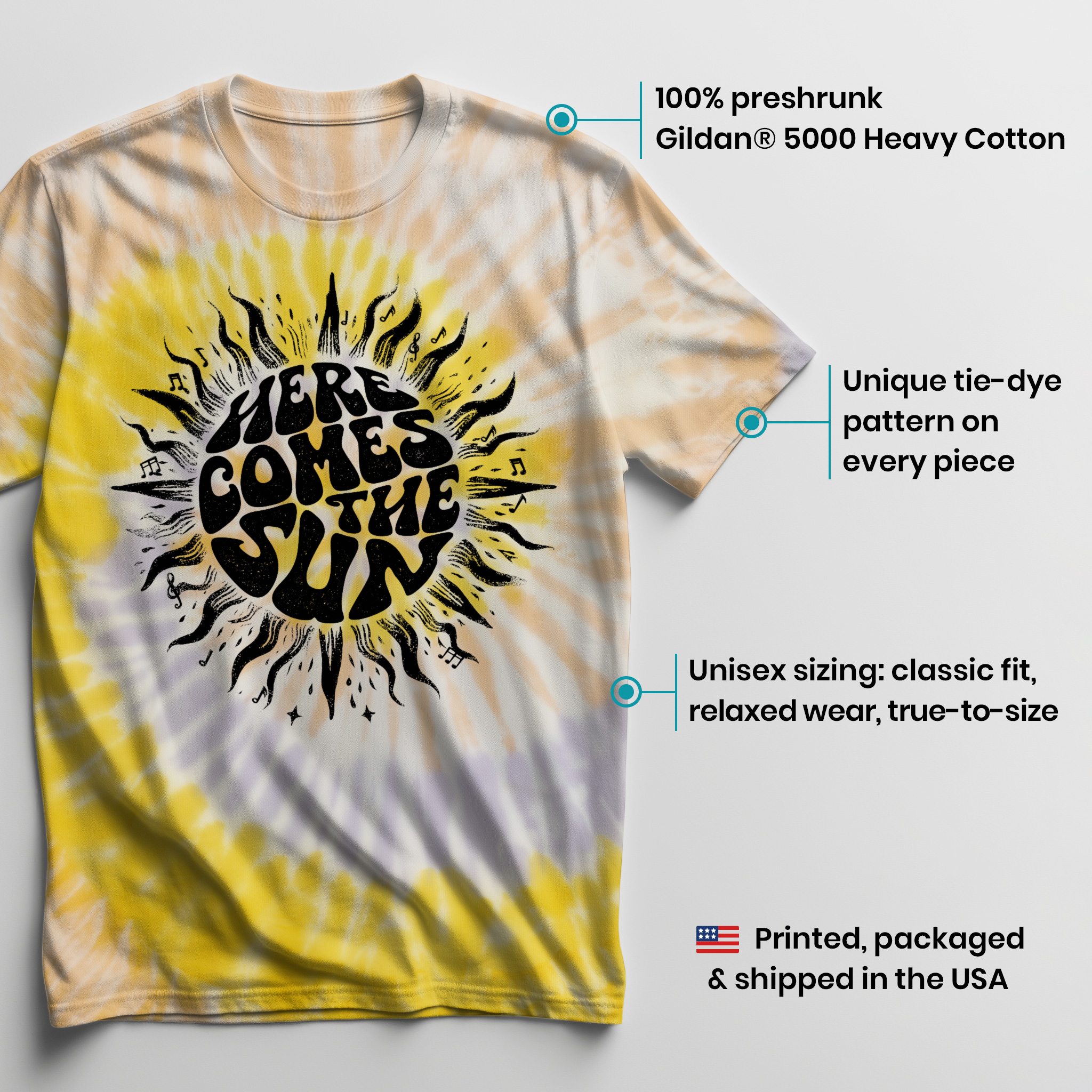 004015.Here-Comes-The-Sun-light-bg-003 Here Comes The Sun Sunshine Retro Music Optimism Art Design Unisex Tie Dye Cotton T-Shirt - Image 3