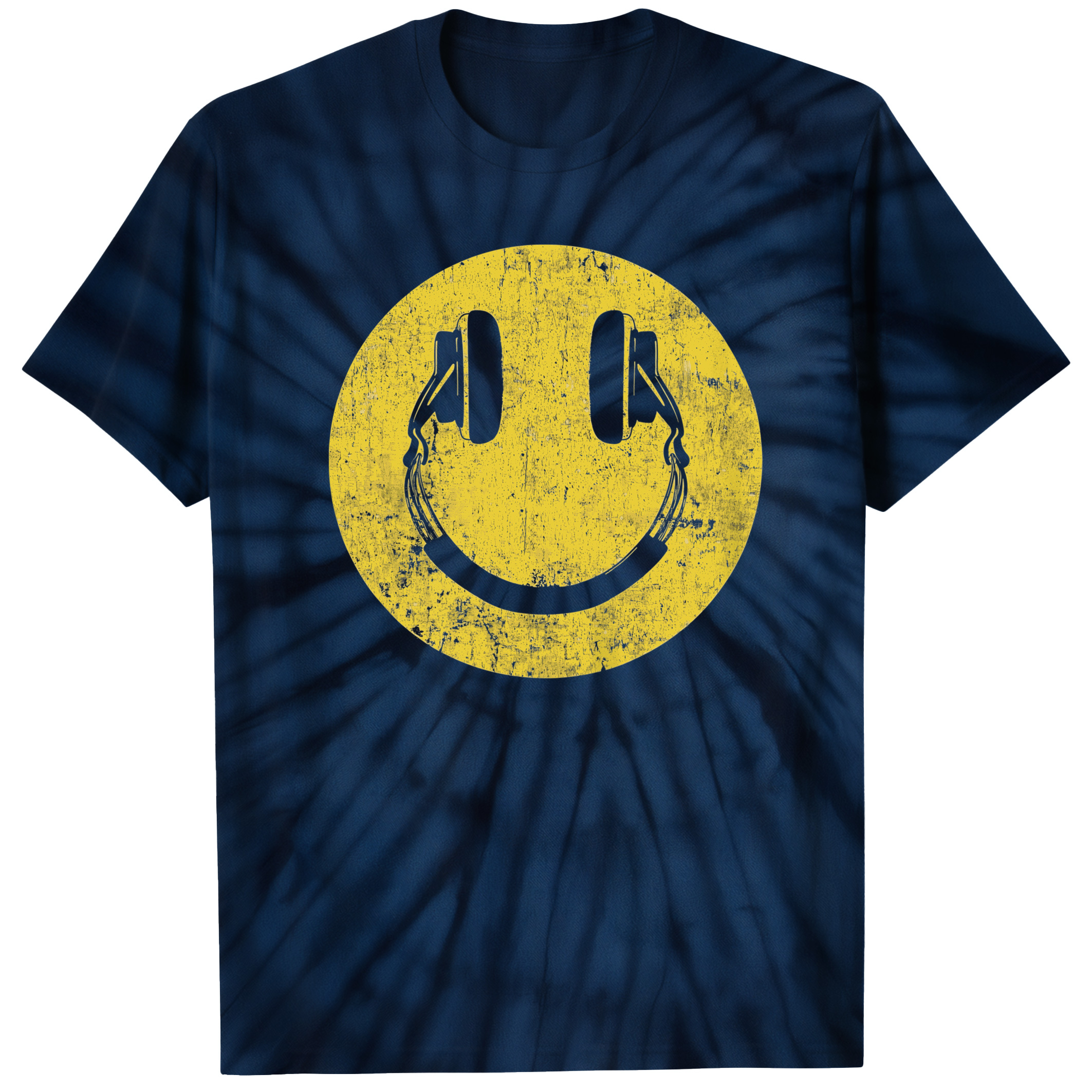 004017.Smile-Headphones-dark-bg-001-Midnight Smiling Headphones Retro Music DJ Happy Face Graphic Design Unisex Tie Dye Cotton T-Shirt - Image 5