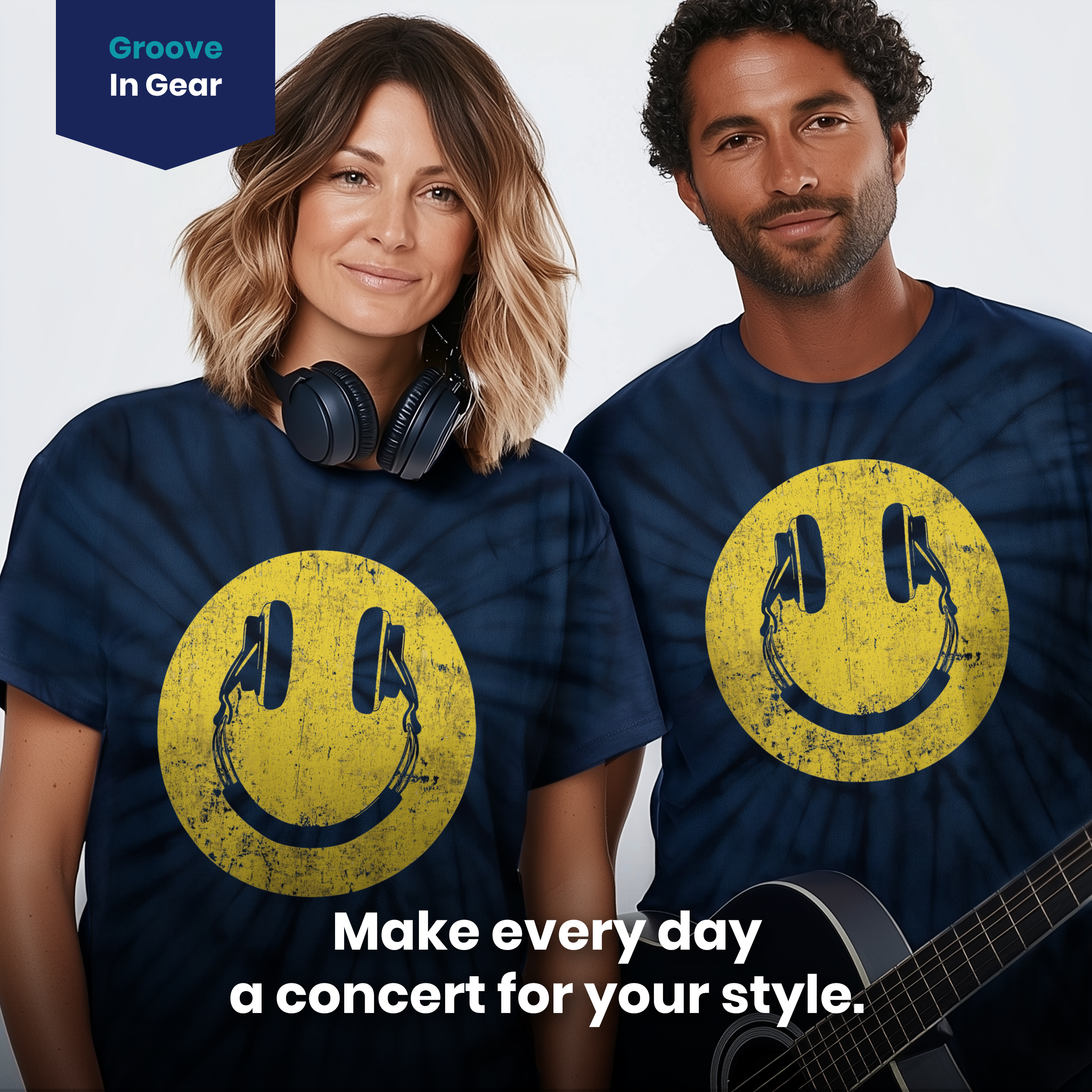 004017.Smile-Headphones-dark-bg-004 Smiling Headphones Retro Music DJ Happy Face Graphic Design Unisex Tie Dye Cotton T-Shirt - Image 4