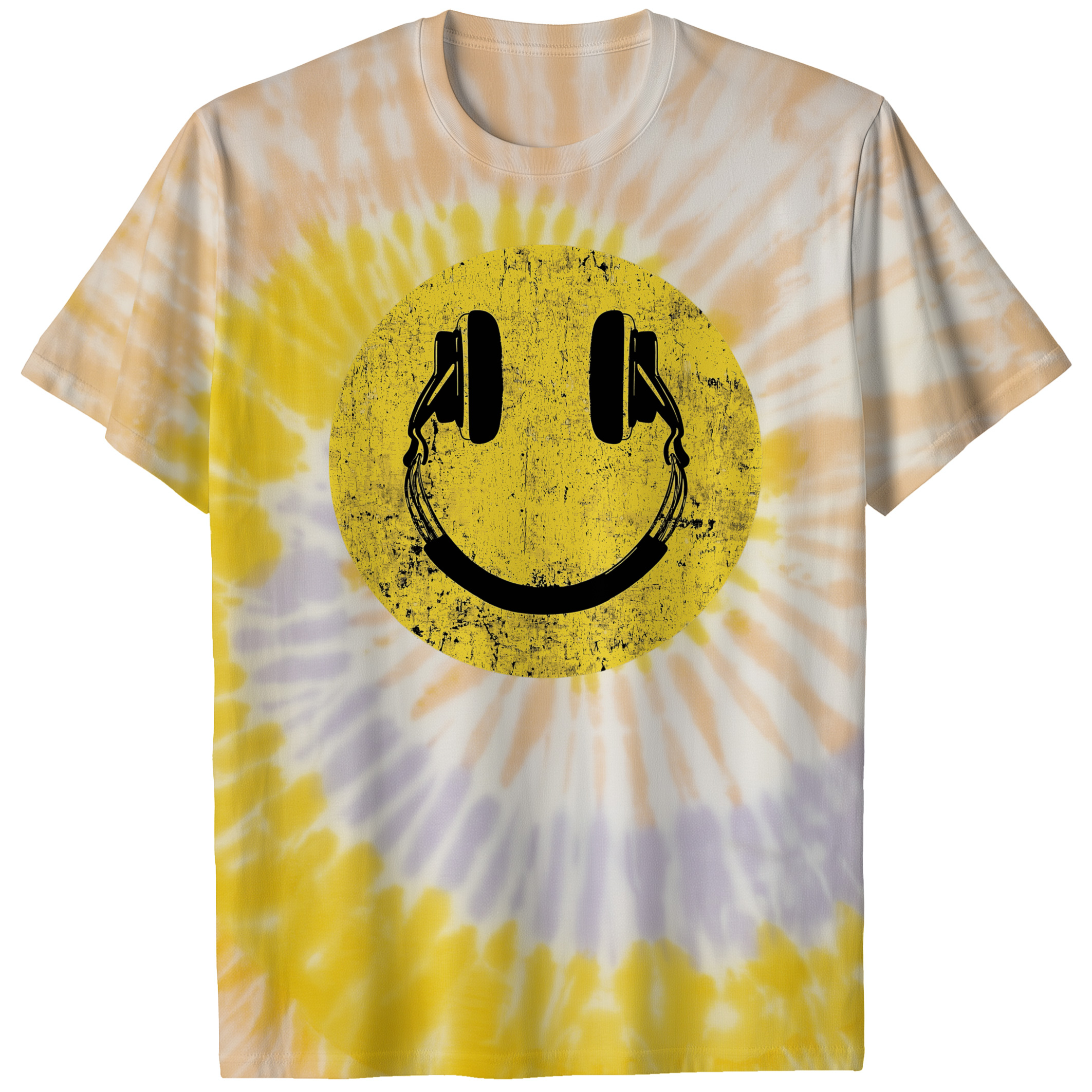 004017.Smile-Headphones-light-bg-001-ss Smiling Headphones Retro Music DJ Happy Face Graphic Design Unisex Tie Dye Cotton T-Shirt - Image 7