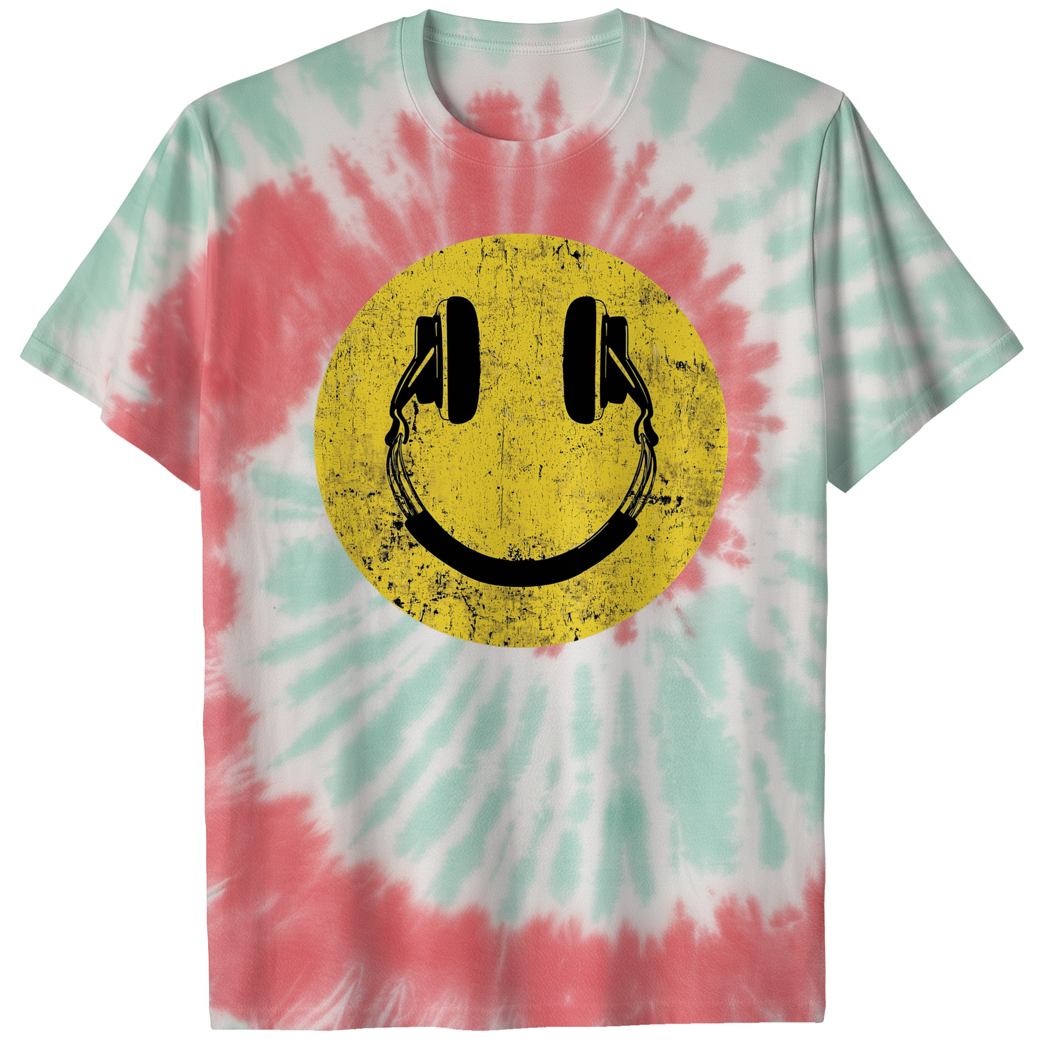 004017.Smile-Headphones-light-bg-001-td Smiling Headphones Retro Music DJ Happy Face Graphic Design Unisex Tie Dye Cotton T-Shirt - Image 8