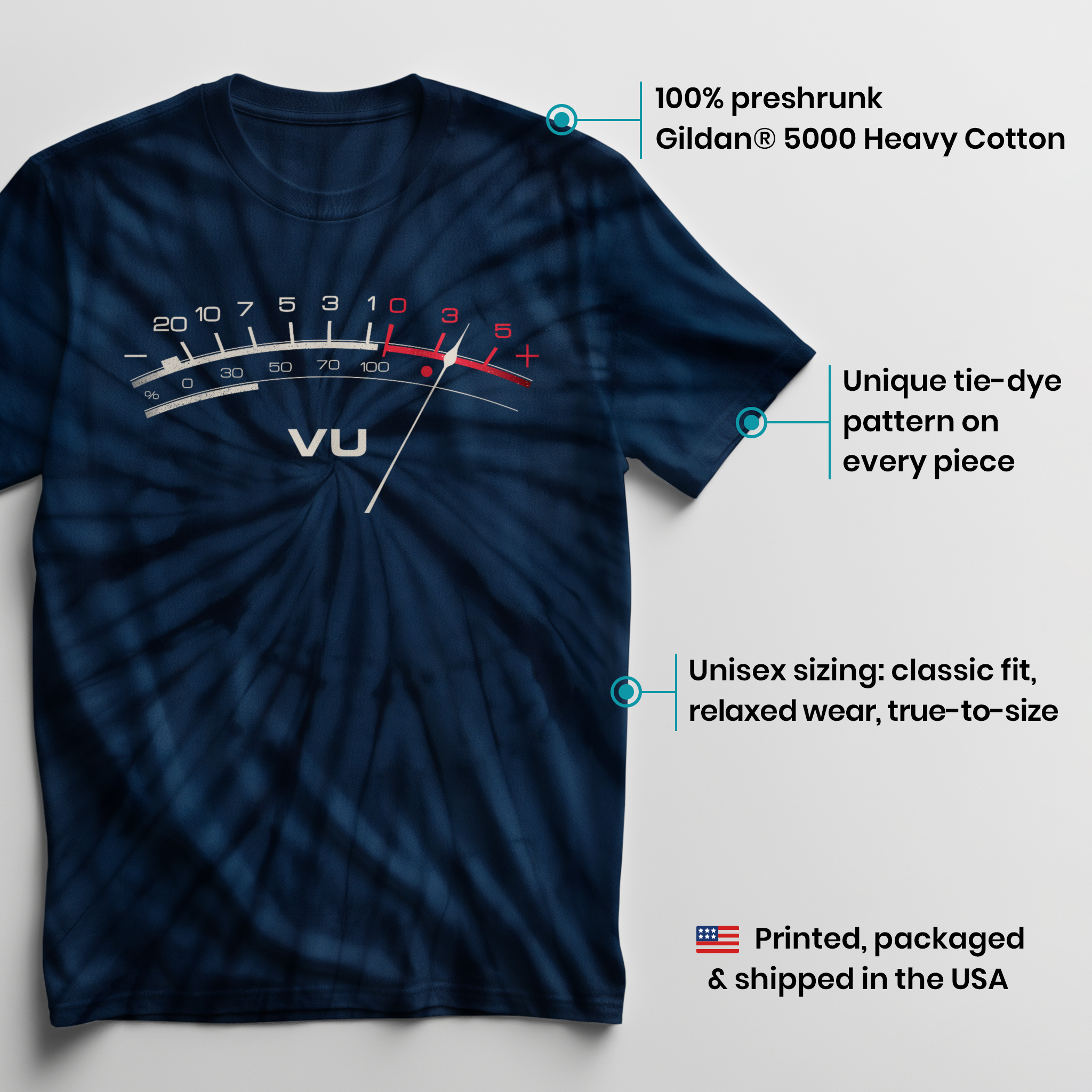 004018.VU-Meter-dark-bg-003 Analog VU Meter Retro Audio Signal Visual Meter Art Design Unisex Tie Dye Cotton T-Shirt - Image 3