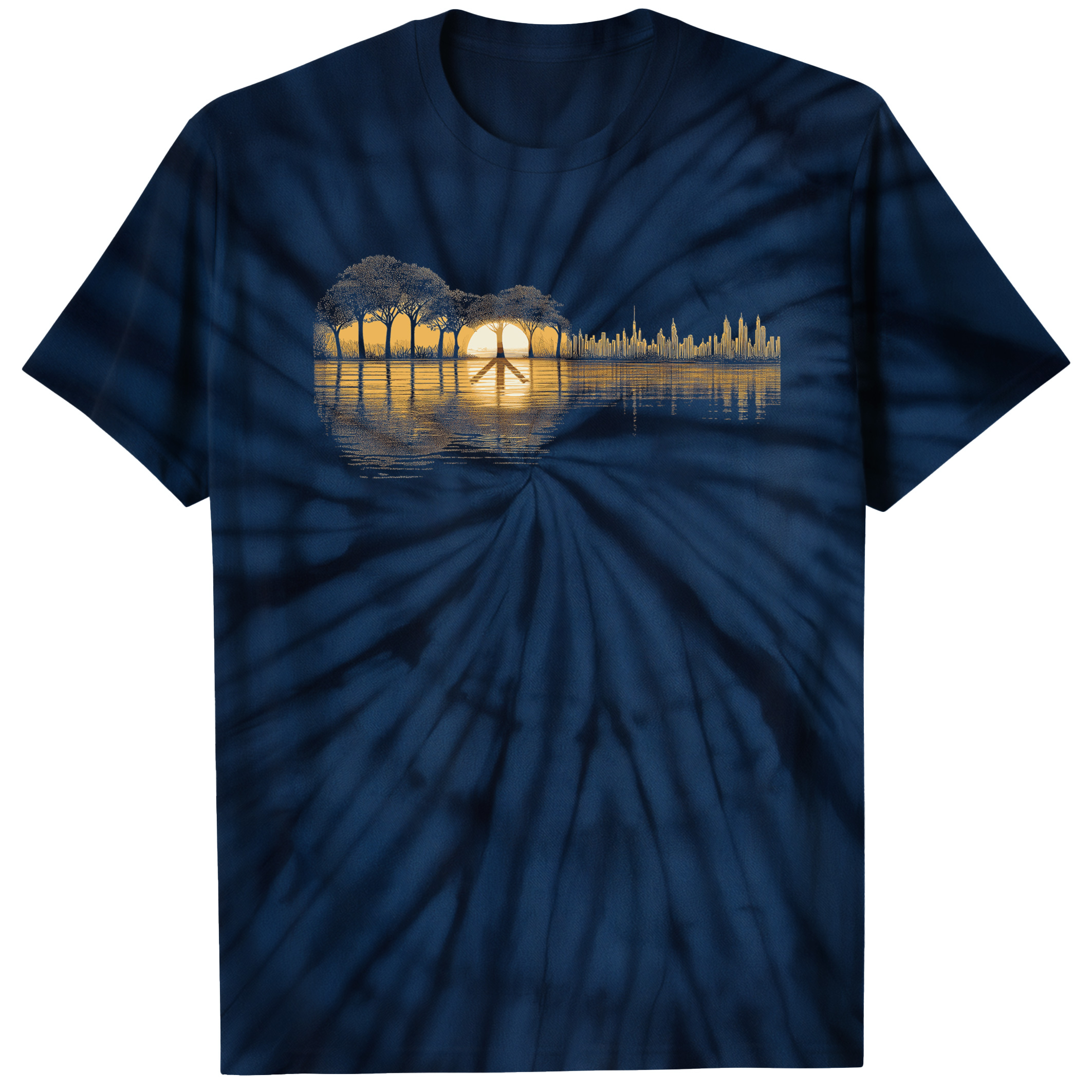 004020.Peace-Forest-Guitar-dark-bg-001-Midnight Peace Forest Guitar Tree Sunset Harmony Nature Music Design Unisex Tie Dye Cotton T-Shirt - Image 5