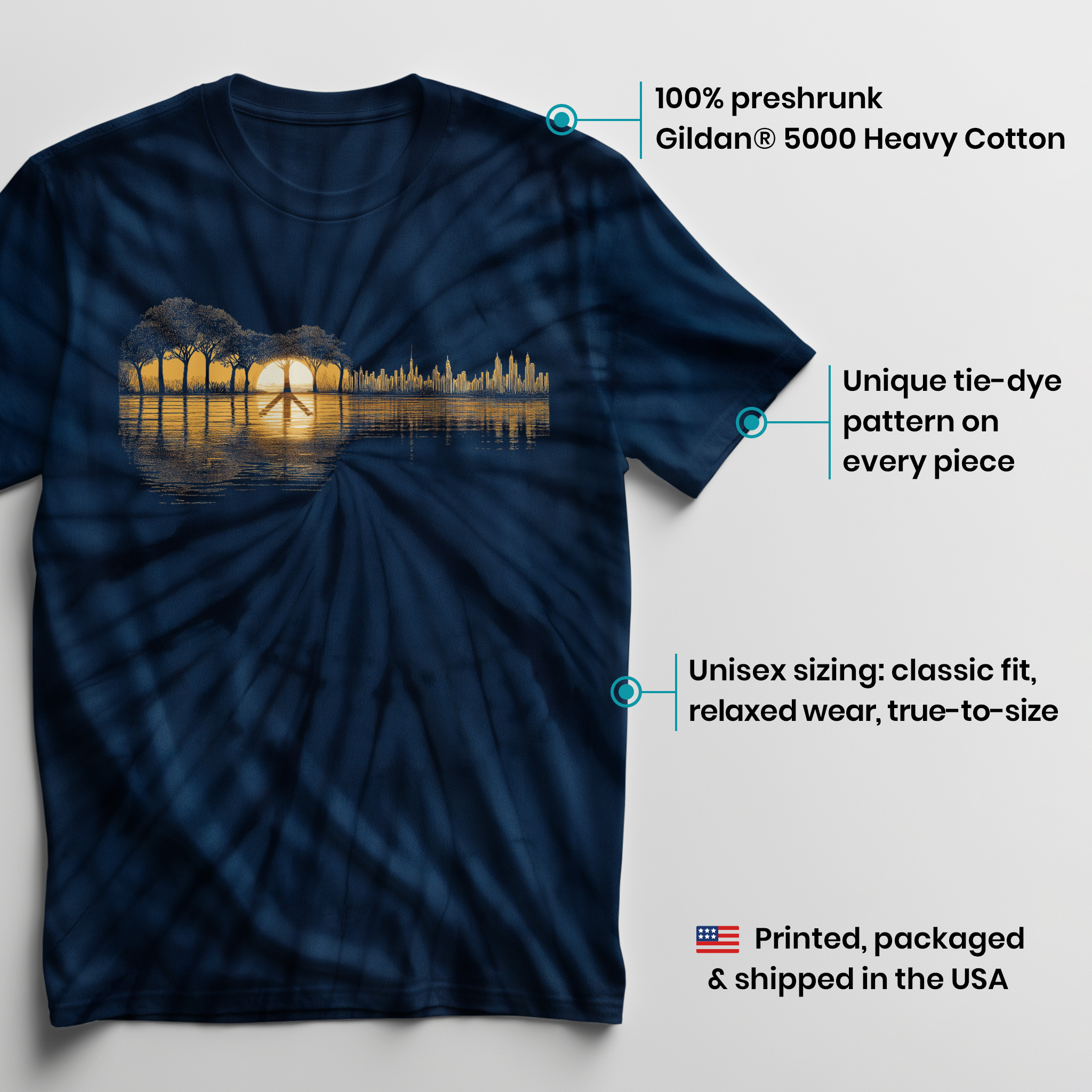 004020.Peace-Forest-Guitar-dark-bg-003 Peace Forest Guitar Tree Sunset Harmony Nature Music Design Unisex Tie Dye Cotton T-Shirt - Image 3