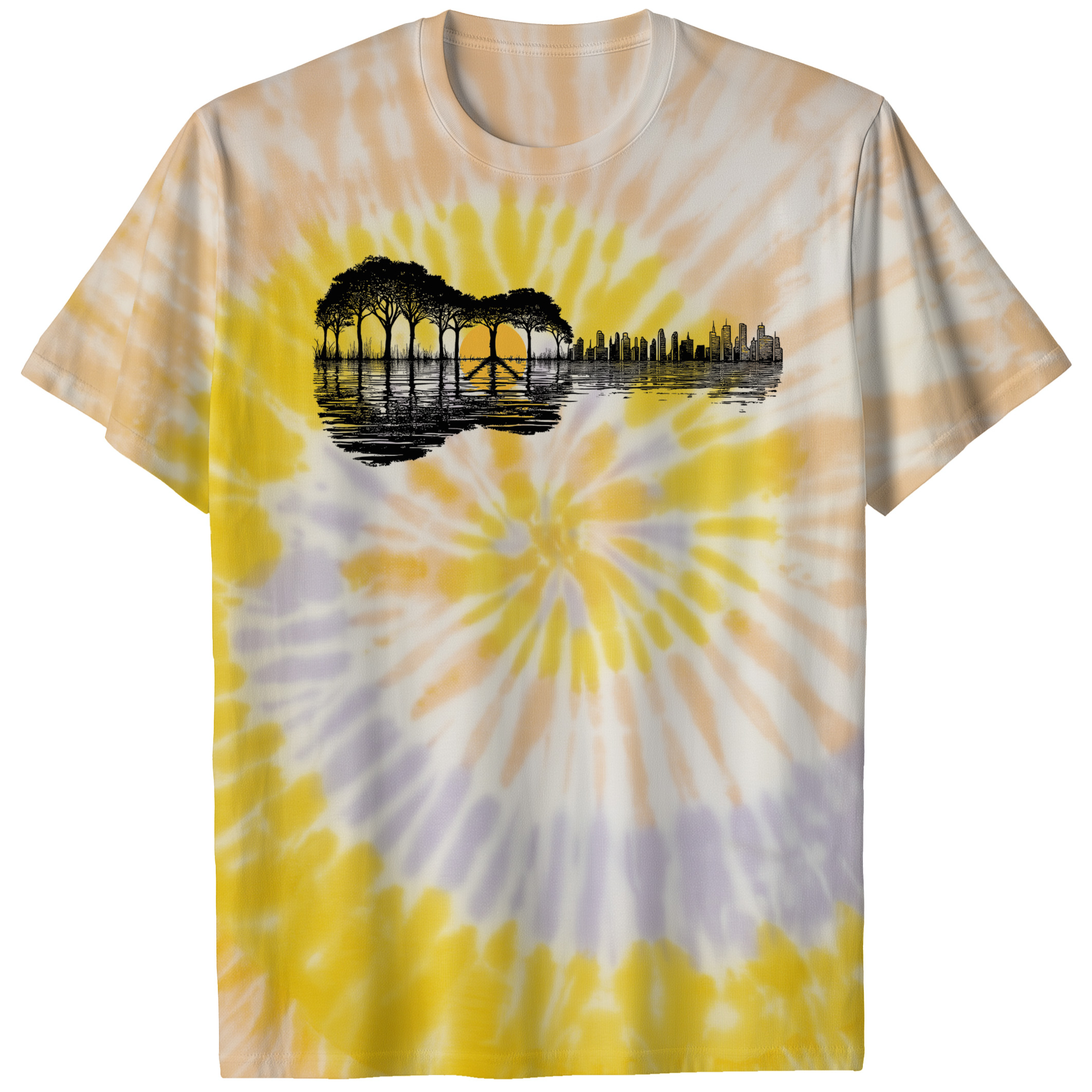 004020.Peace-Forest-Guitar-light-bg-001-ss Peace Forest Guitar Tree Sunset Harmony Nature Music Design Unisex Tie Dye Cotton T-Shirt - Image 7