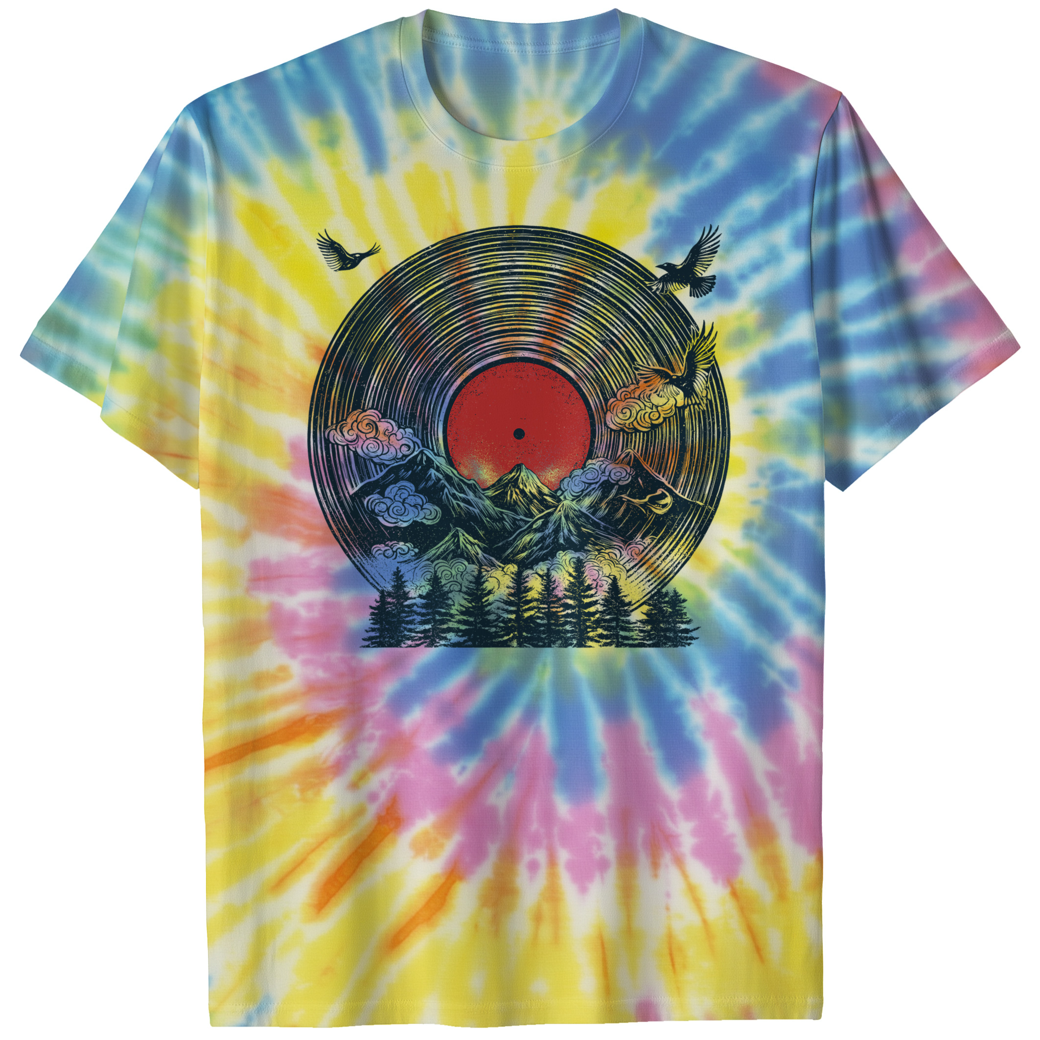 004022.Mountain-Vinyl-Record-light-bg-001-NR Mountain Vinyl Record Landscape Music Scenic Art Graphic Unisex Tie Dye Cotton T-Shirt - Image 5