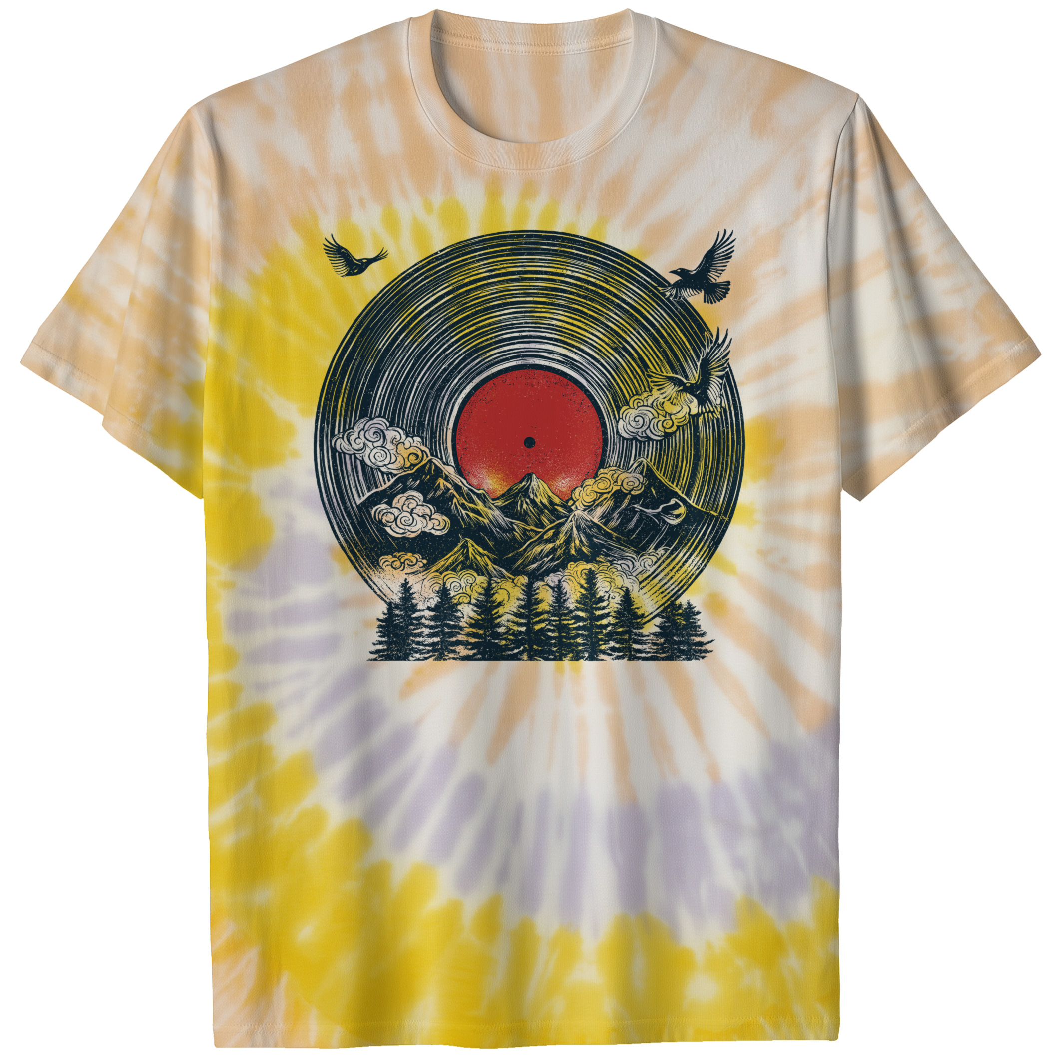 004022.Mountain-Vinyl-Record-light-bg-001-ss Mountain Vinyl Record Landscape Music Scenic Art Graphic Unisex Tie Dye Cotton T-Shirt - Image 6