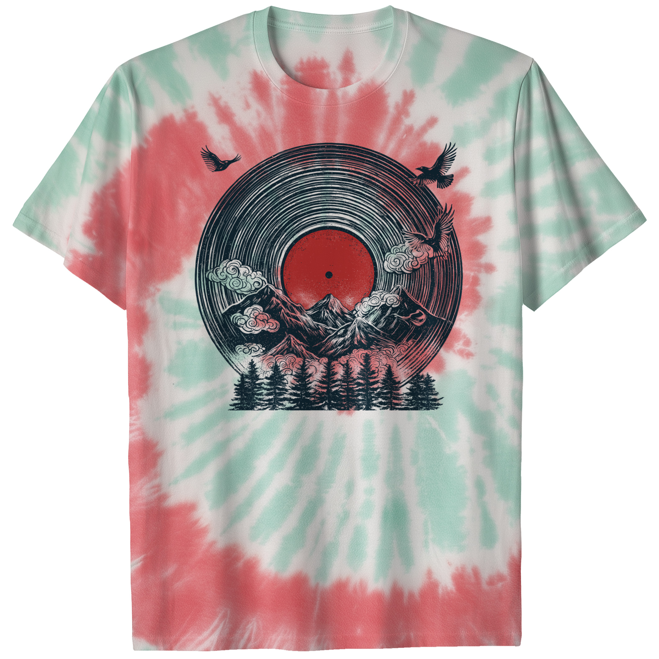004022.Mountain-Vinyl-Record-light-bg-001-td Mountain Vinyl Record Landscape Music Scenic Art Graphic Unisex Tie Dye Cotton T-Shirt - Image 7