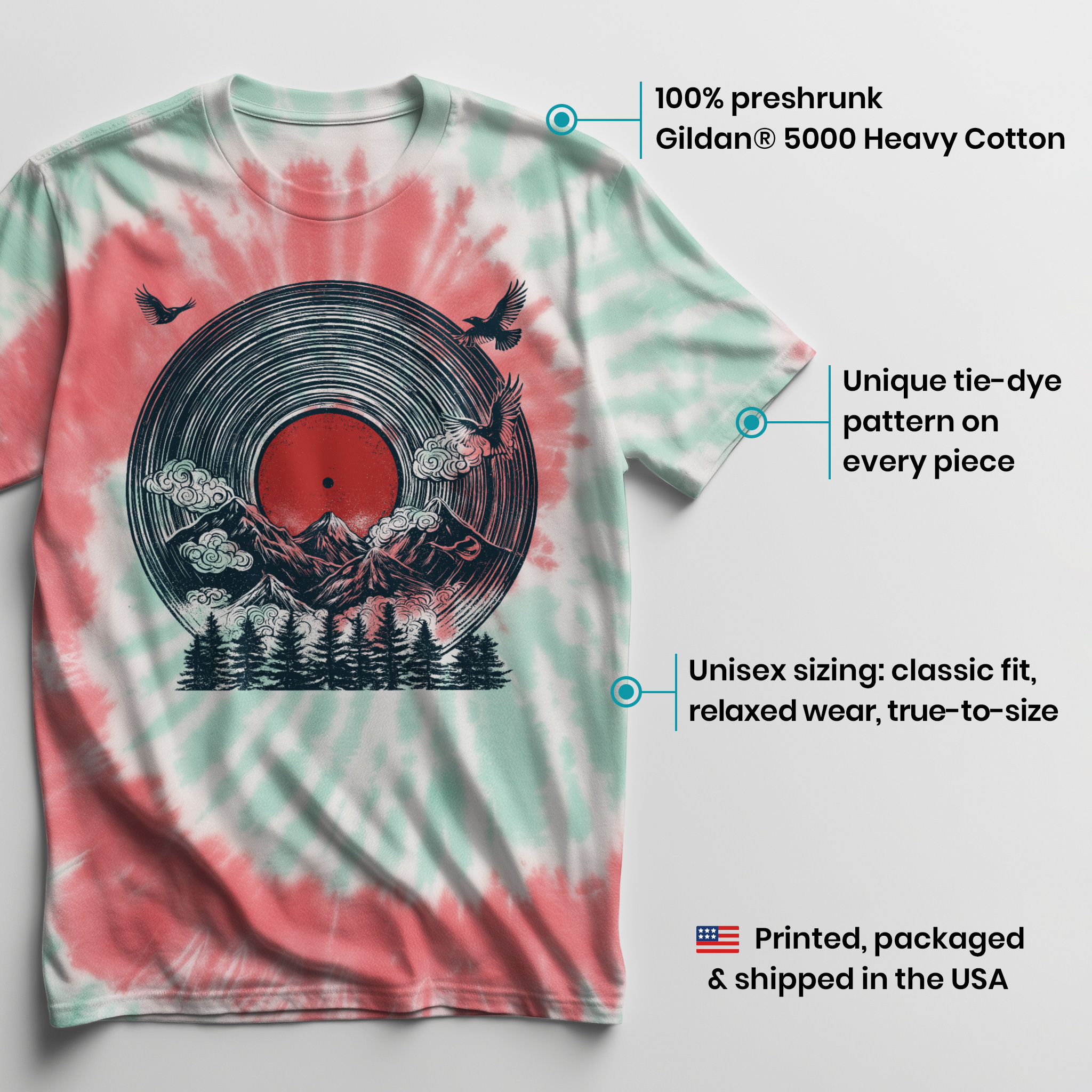 004022.Mountain-Vinyl-Record-light-bg-003 Mountain Vinyl Record Landscape Music Scenic Art Graphic Unisex Tie Dye Cotton T-Shirt - Image 3
