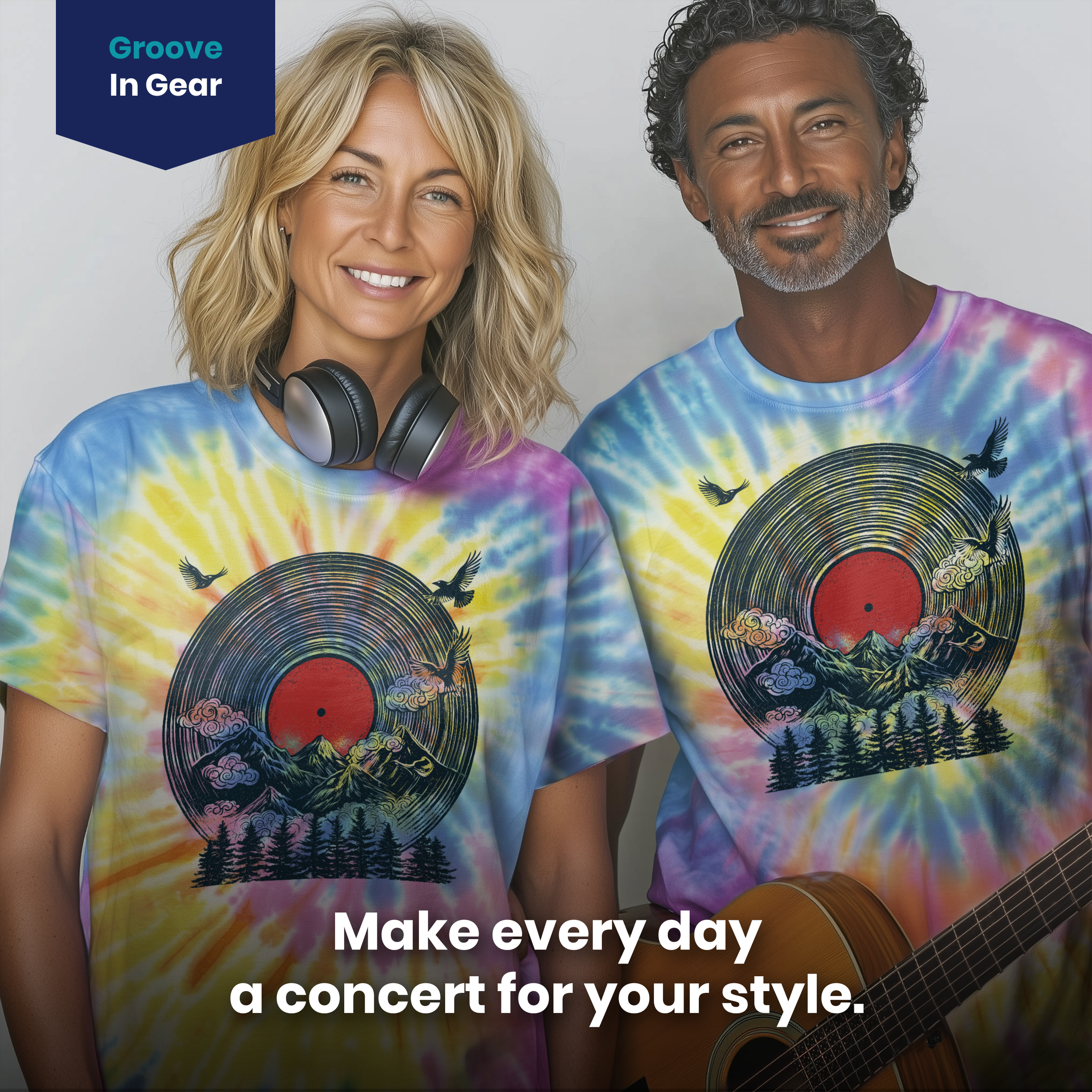 004022.Mountain-Vinyl-Record-light-bg-004 Mountain Vinyl Record Landscape Music Scenic Art Graphic Unisex Tie Dye Cotton T-Shirt - Image 4