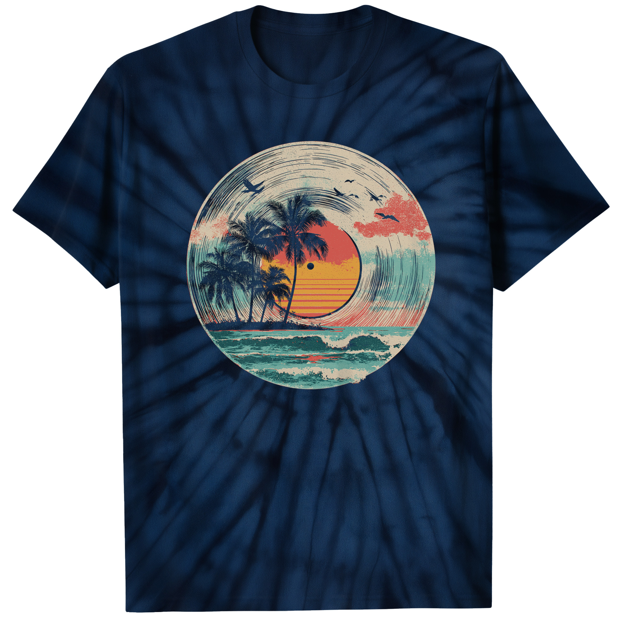 004023.Tropical-Vinyl-Sunset-dark-bg-001-Midnight Tropical Vinyl Sunset Palm Trees Ocean Music Art Design Unisex Tie Dye Cotton T-Shirt - Image 5
