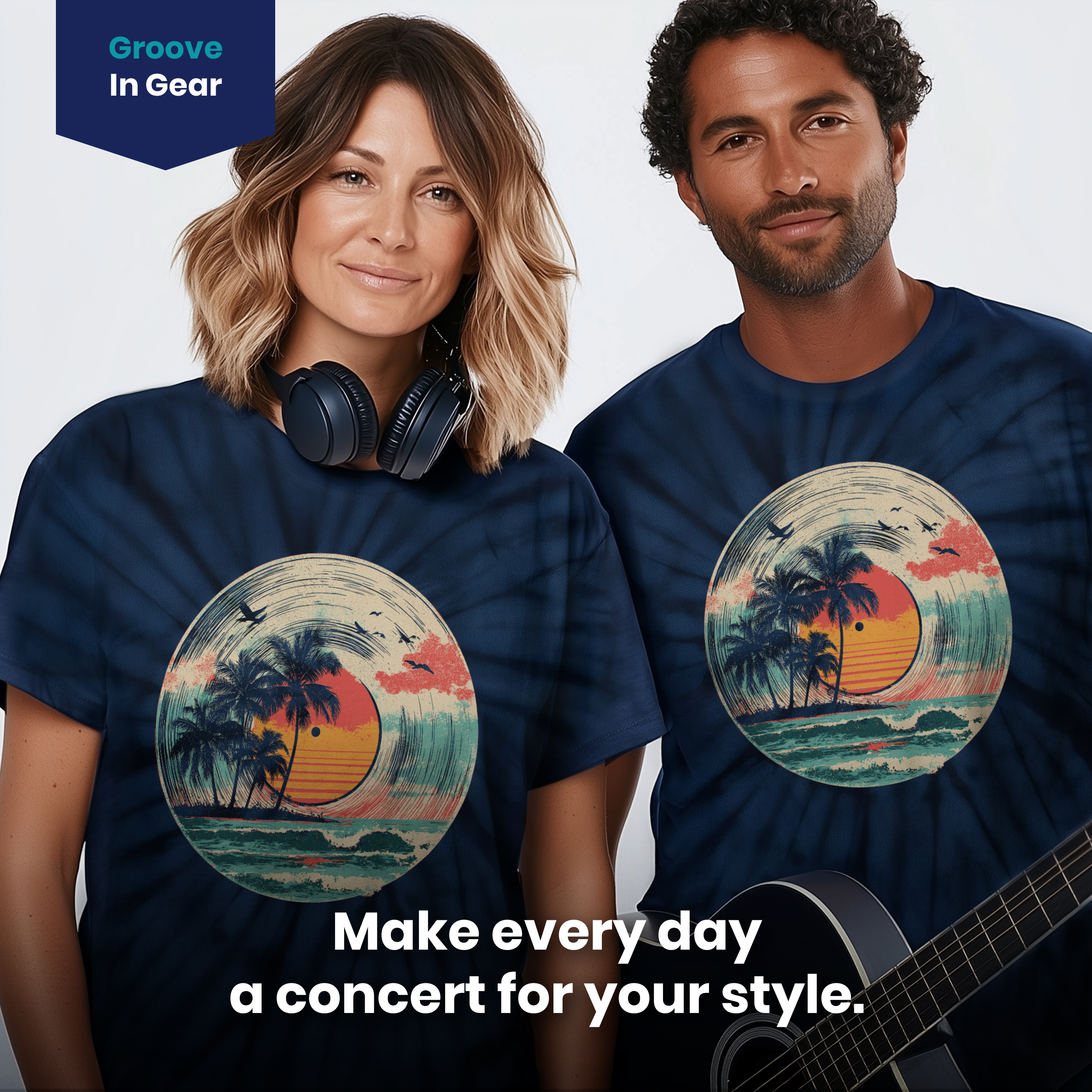 004023.Tropical-Vinyl-Sunset-dark-bg-004 Tropical Vinyl Sunset Palm Trees Ocean Music Art Design Unisex Tie Dye Cotton T-Shirt - Image 4