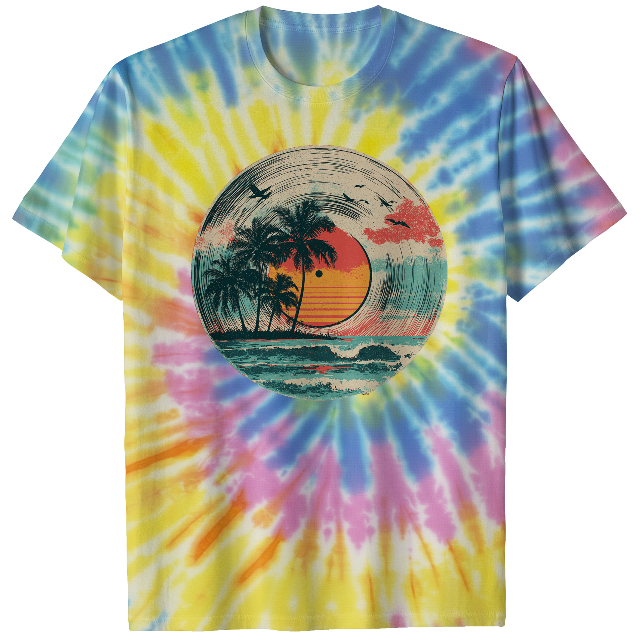 004023.Tropical-Vinyl-Sunset-light-bg-001-NR Tropical Vinyl Sunset Palm Trees Ocean Music Art Design Unisex Tie Dye Cotton T-Shirt - Image 6