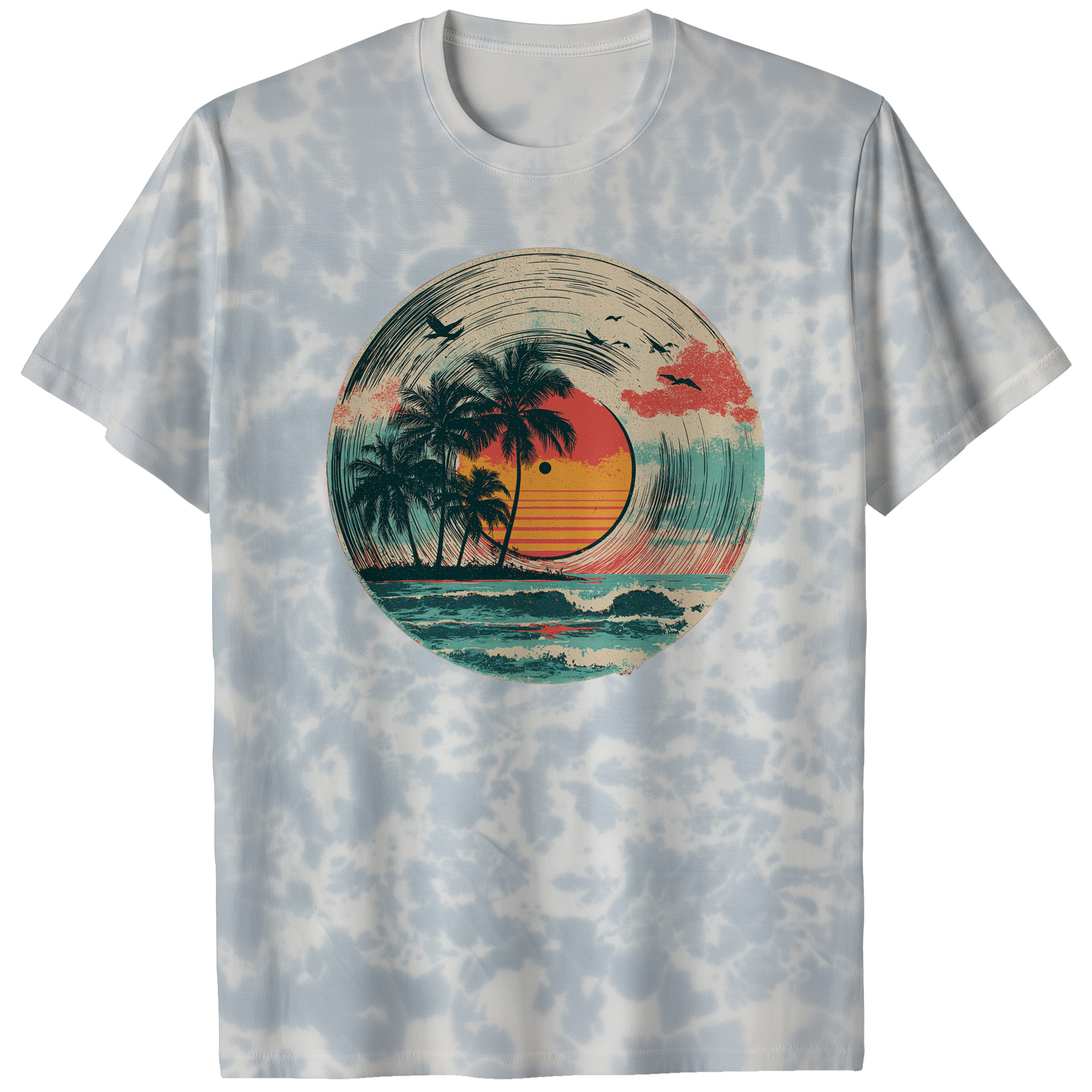 004023.Tropical-Vinyl-Sunset-light-bg-001-pc Tropical Vinyl Sunset Palm Trees Ocean Music Art Design Unisex Tie Dye Cotton T-Shirt - Image 7