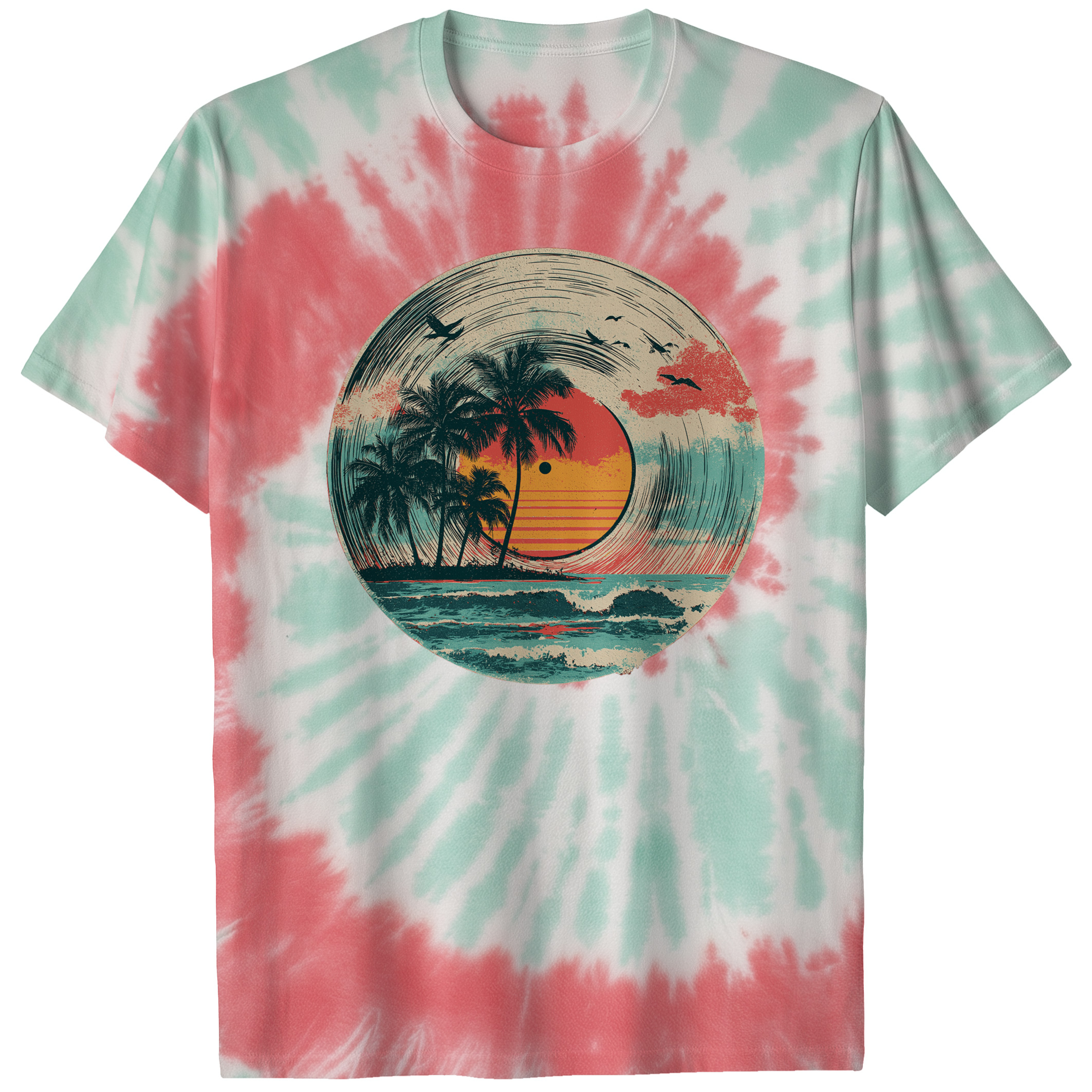 004023.Tropical-Vinyl-Sunset-light-bg-001-td Tropical Vinyl Sunset Palm Trees Ocean Music Art Design Unisex Tie Dye Cotton T-Shirt - Image 8