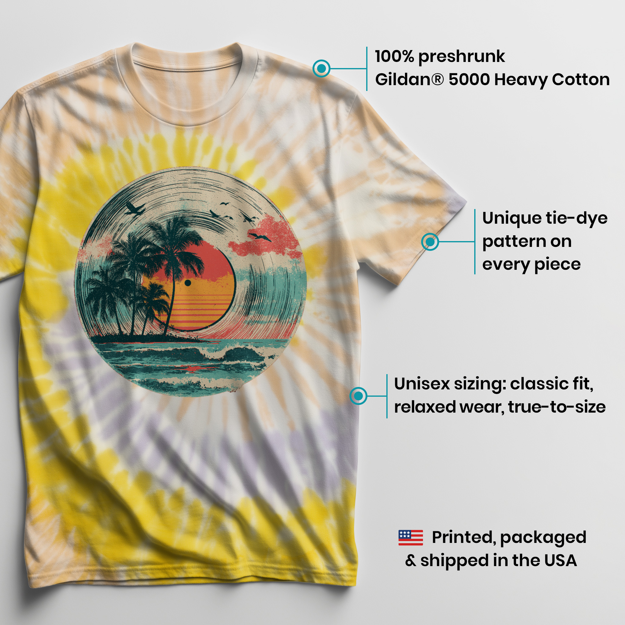 004023.Tropical-Vinyl-Sunset-light-bg-003 Tropical Vinyl Sunset Palm Trees Ocean Music Art Design Unisex Tie Dye Cotton T-Shirt - Image 3