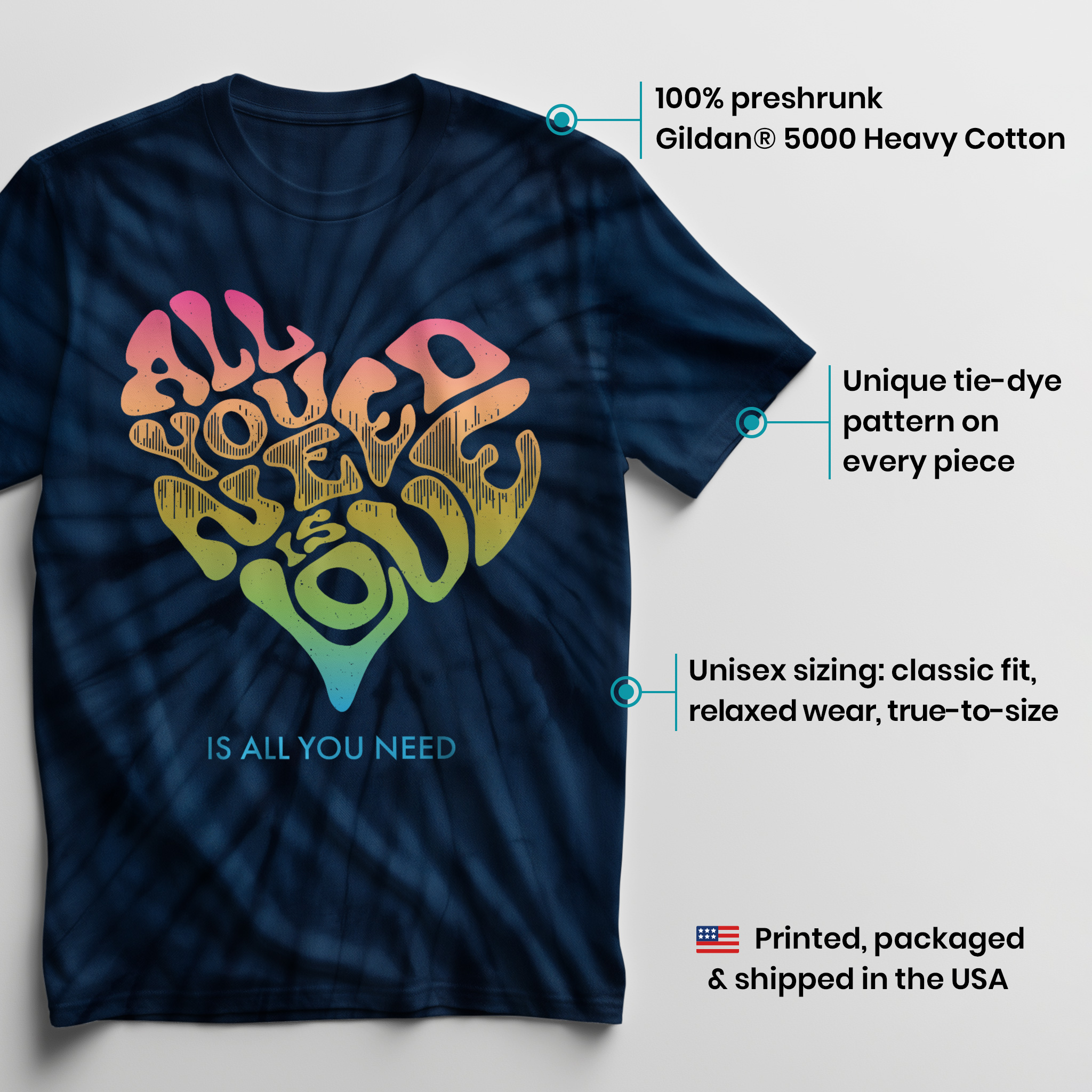 004029.All-You-Need-Is-Love-Heart-003 All You Need Is Love Heart Cool Artwork Design Graphic Unisex Tie Dye Cotton T-Shirt - Image 3