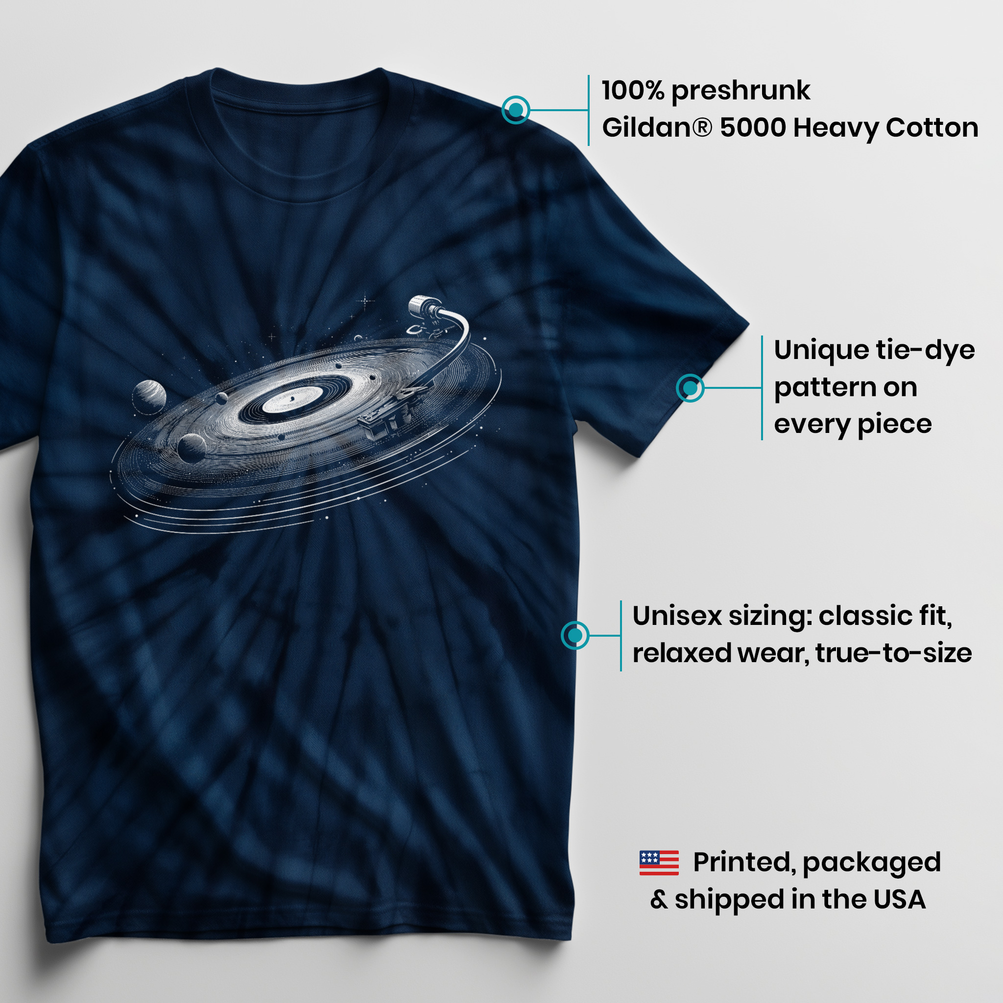 004032.Galaxy-Vinyl-dark-bg-003 Galaxy Vinyl Turntable Cosmic Record Planets Music Art Print Unisex Tie Dye Cotton T-Shirt - Image 3