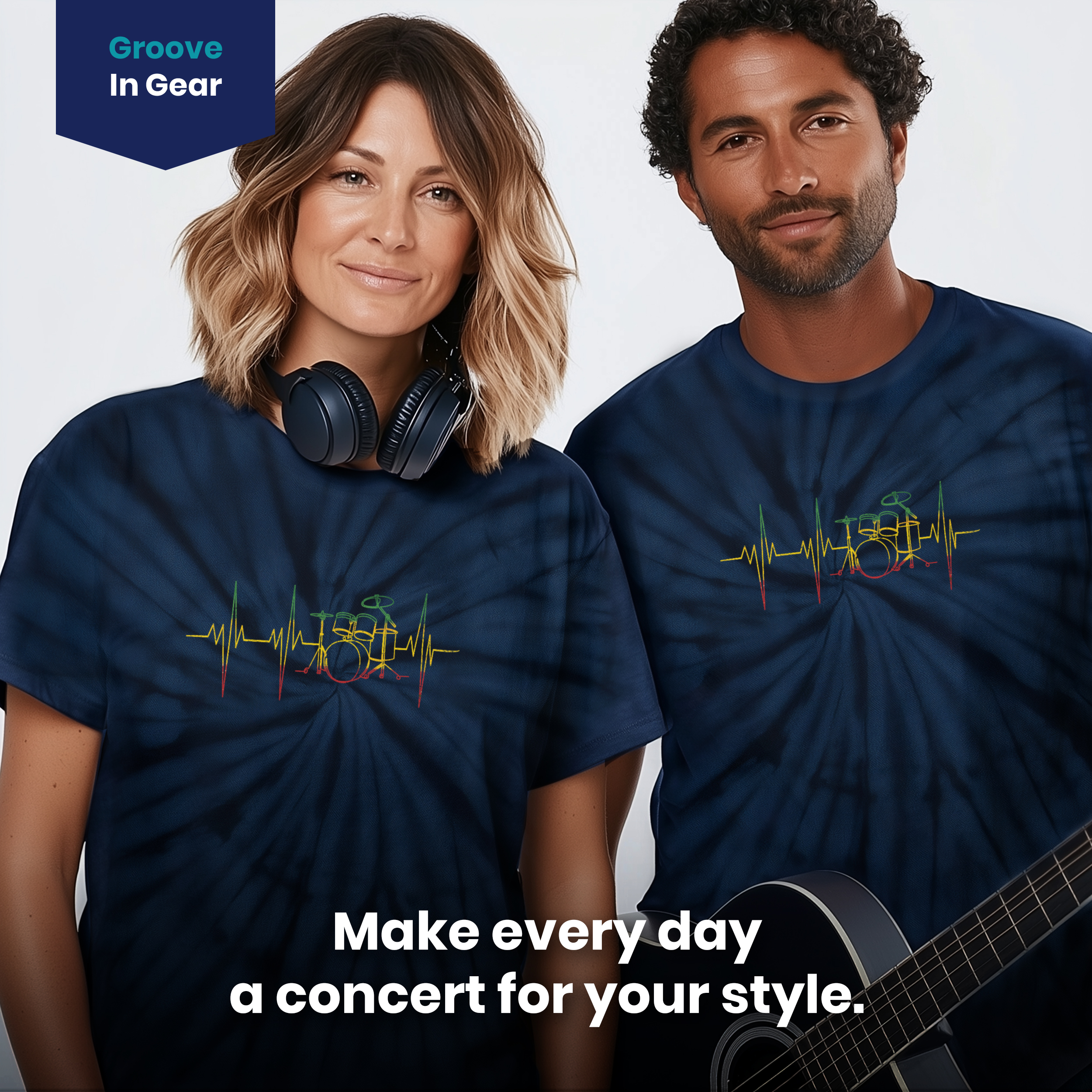 004037.Drums-Heartbeat-dark-bg-004 Drums Heartbeat Line Rhythm Percussion Pulse Music Reggae Unisex Tie Dye Cotton T-Shirt - Image 4