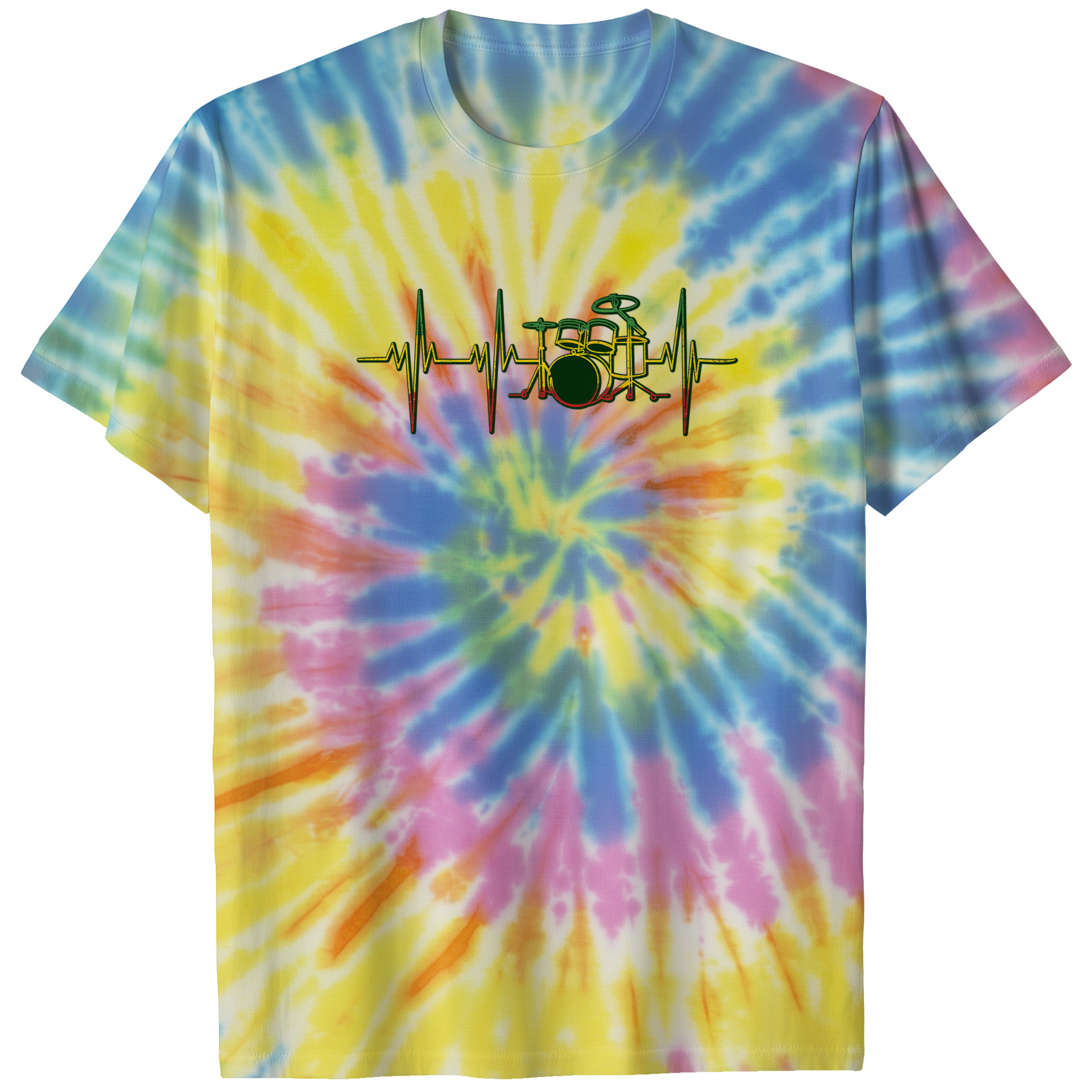 004037.Drums-Heartbeat-light-bg-001-NR Drums Heartbeat Line Rhythm Percussion Pulse Music Reggae Unisex Tie Dye Cotton T-Shirt - Image 6