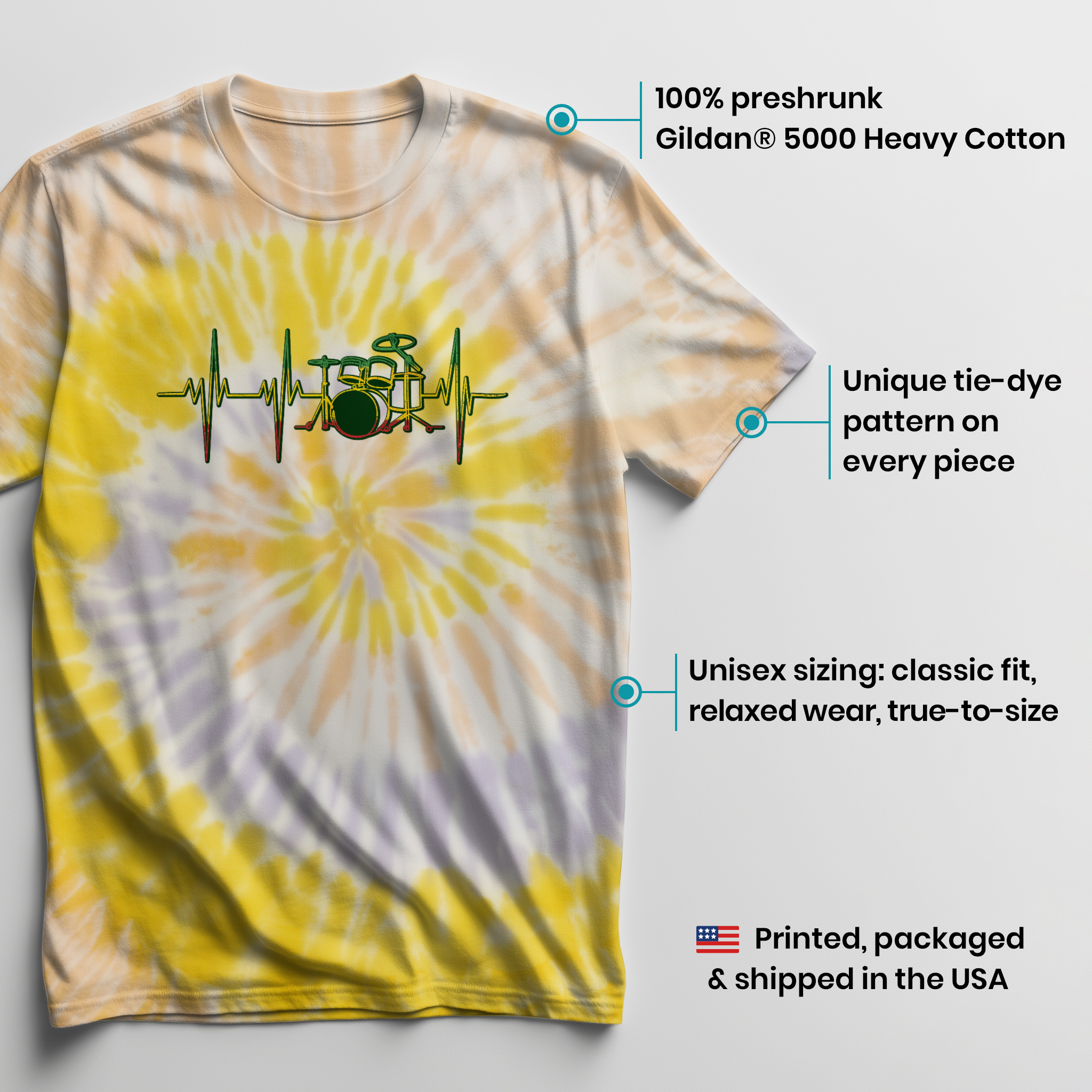 004037.Drums-Heartbeat-light-bg-003 Drums Heartbeat Line Rhythm Percussion Pulse Music Reggae Unisex Tie Dye Cotton T-Shirt - Image 3