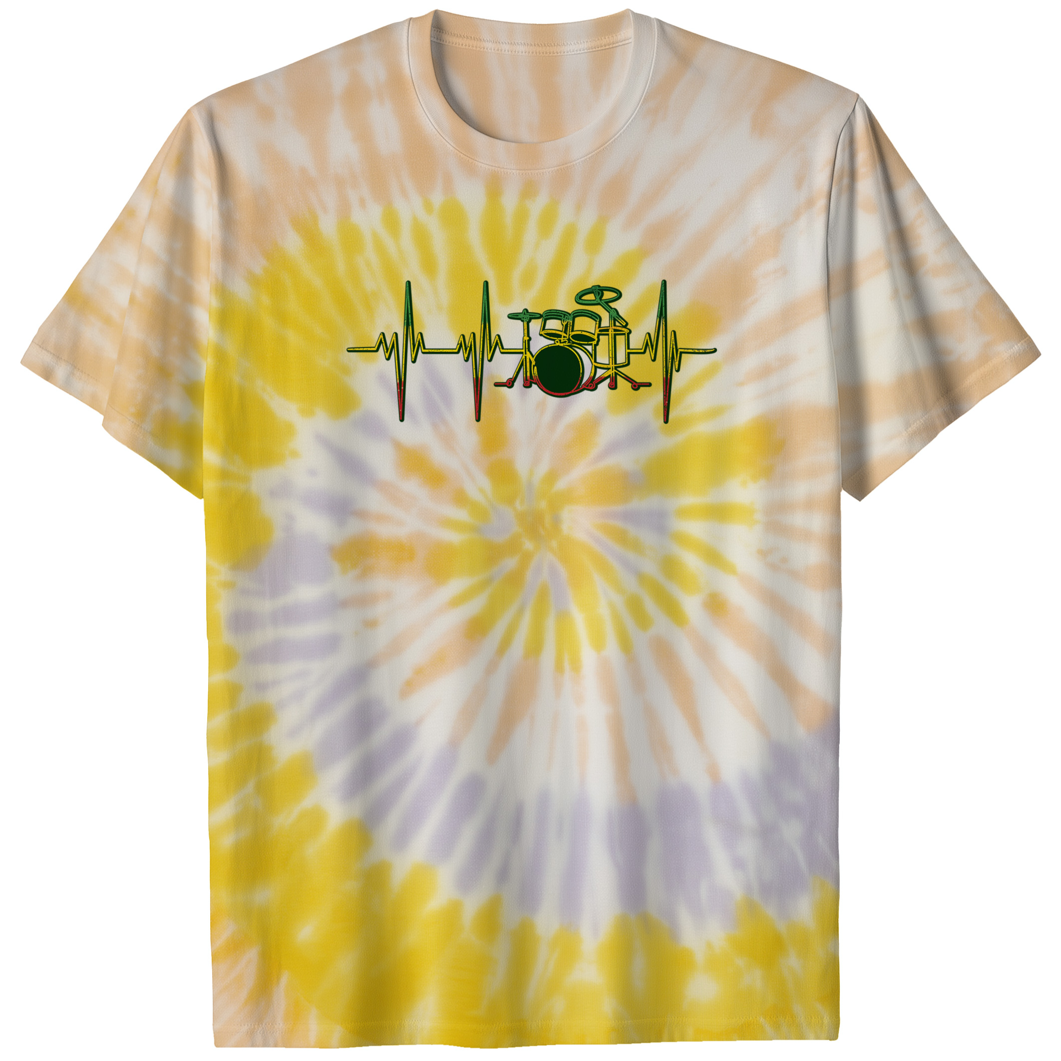 004037.Drums-Heartbeat-light-bg-ss Drums Heartbeat Line Rhythm Percussion Pulse Music Reggae Unisex Tie Dye Cotton T-Shirt - Image 7