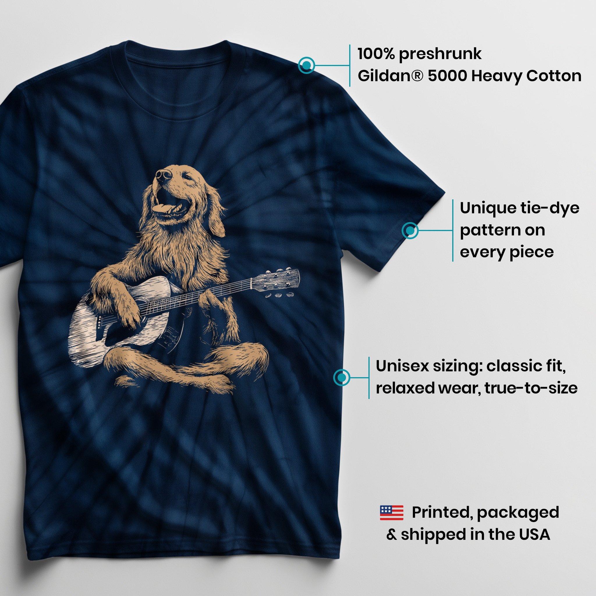 004038.Golden-Retriever-Guitar-dark-bg-003 Golden Retriever Guitar Music Playful Dog Musician Art Print Unisex Tie Dye Cotton T-Shirt - Image 3