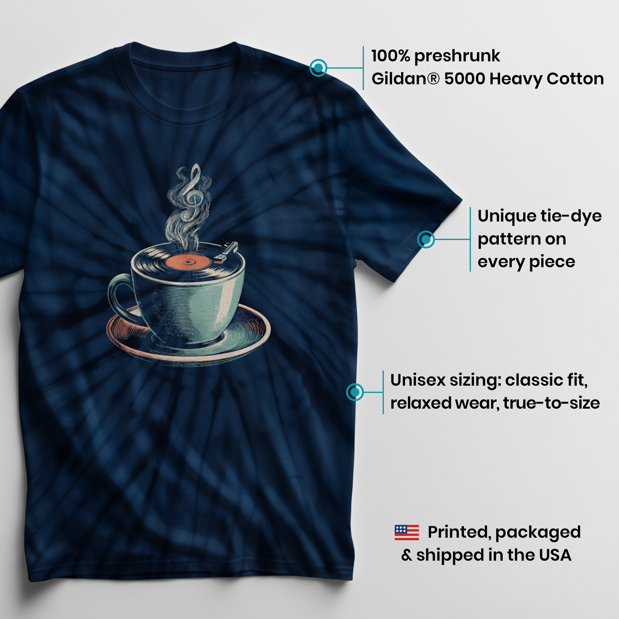 004041.Coffee-n-Vinyl-dark-bg-003 Coffee Cup Vinyl Record Steaming Music Relaxing Art Design Unisex Tie Dye Cotton T-Shirt - Image 3
