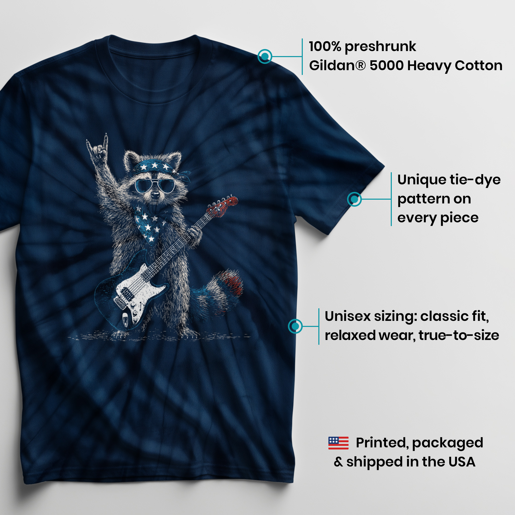 004048.Racoon-Guitar-dark-bg-003 Raccoon Guitar Rock Bandana American Flag Rock Art Graphic Unisex Tie Dye Cotton T-Shirt - Image 3