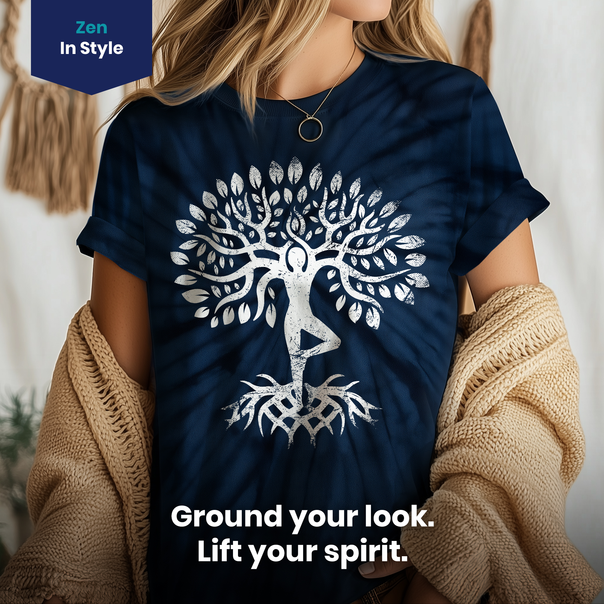 011005.Yoga-Tree-of-life-Woman-dark-shirt-004-Boho Tree of life Woman in Vrksasana Pose Design for Women Haka Unisex Tie Dye Cotton T-Shirt - Image 4