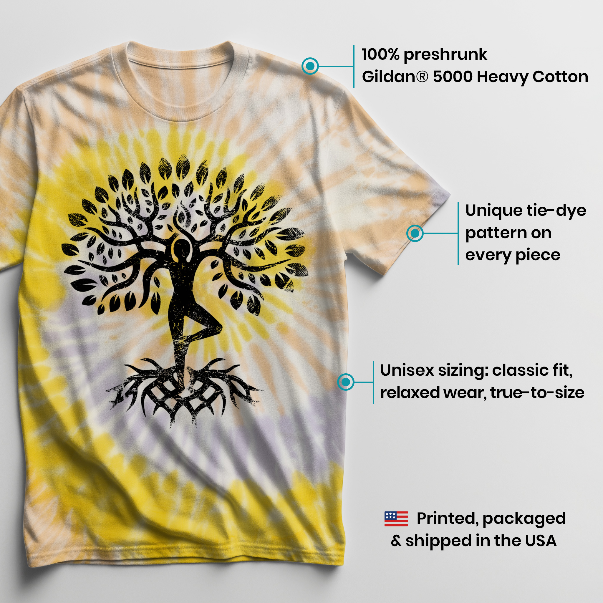011005.Yoga-Tree-of-life-Woman-light-shirt-003 Tree of life Woman in Vrksasana Pose Design for Women Haka Unisex Tie Dye Cotton T-Shirt - Image 3