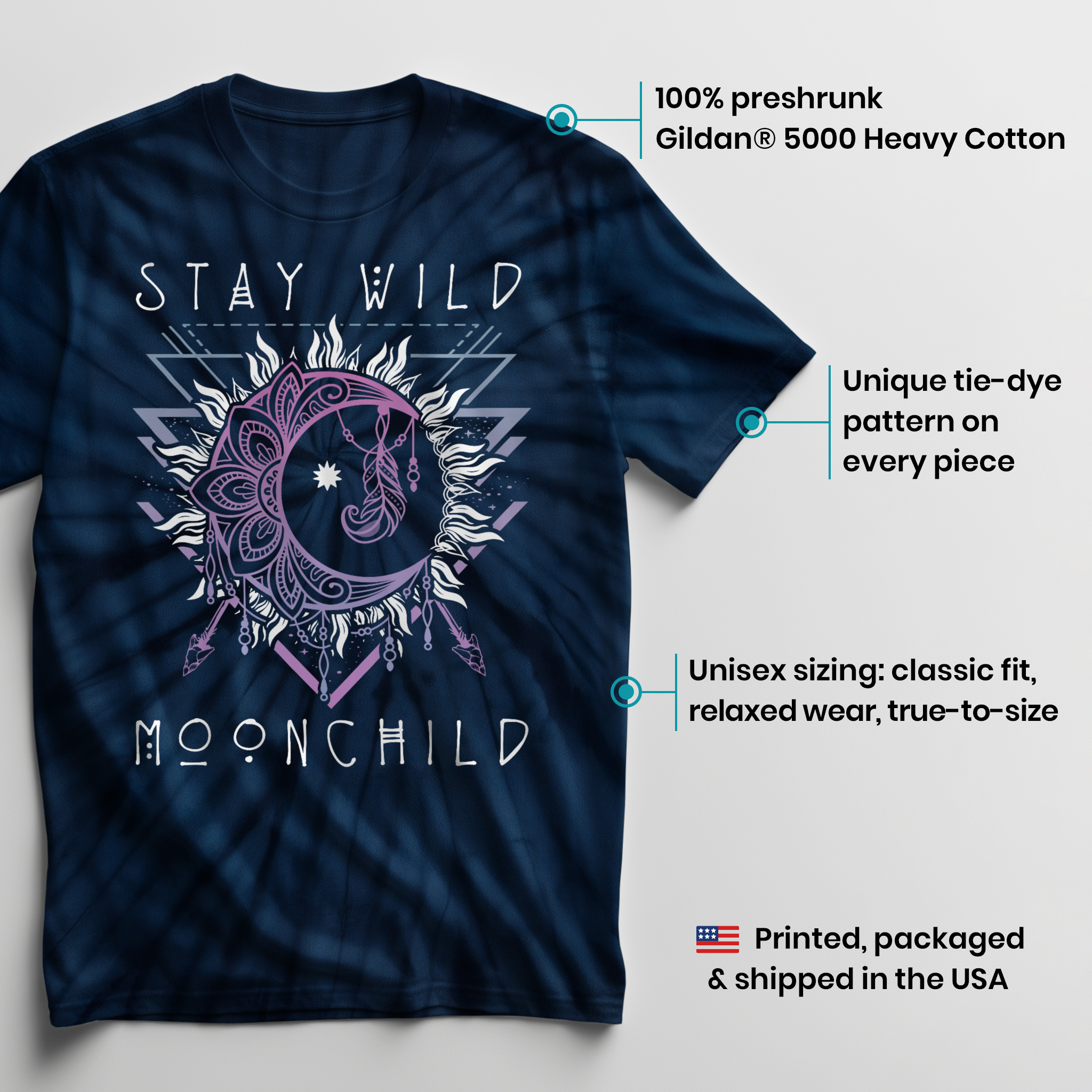 011019.-Stay-Wild-Moon-Child-Sun-Arrows-Boho-shirt-dark-bg-003 Sun and Moon Design for Women Stay Wild Moon Child Unisex Tie Dye Cotton T-Shirt - Image 3
