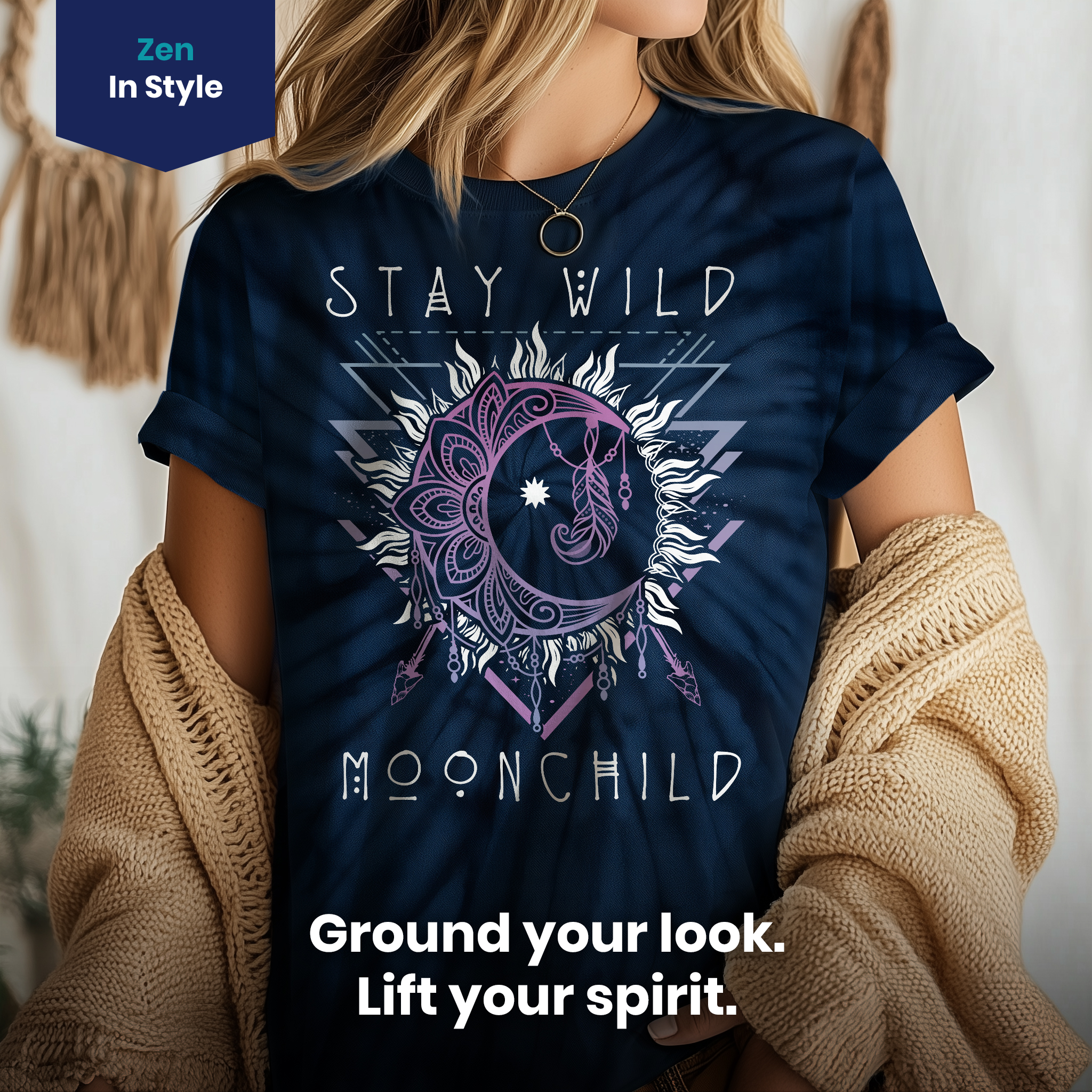 011019.-Stay-Wild-Moon-Child-Sun-Arrows-Boho-shirt-dark-bg-004-Boho Sun and Moon Design for Women Stay Wild Moon Child Unisex Tie Dye Cotton T-Shirt - Image 4
