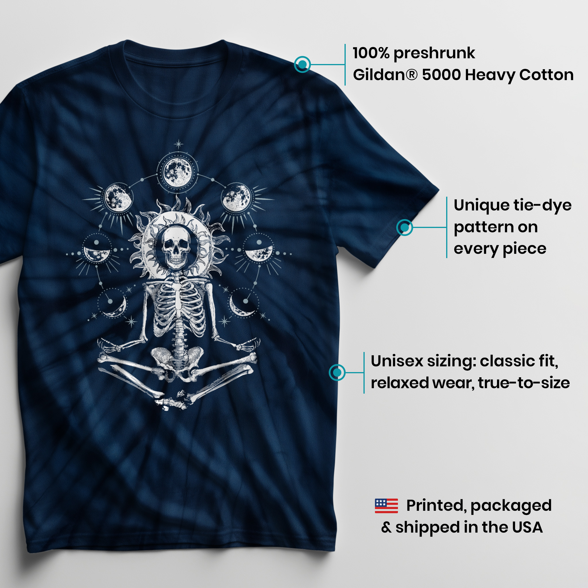 011032.Skeleton-Yoga-Moonphases-shirt-dark-bg-003 Skeleton Doing Yoga Design for Women or Men Moon Phase Unisex Tie Dye Cotton T-Shirt - Image 3