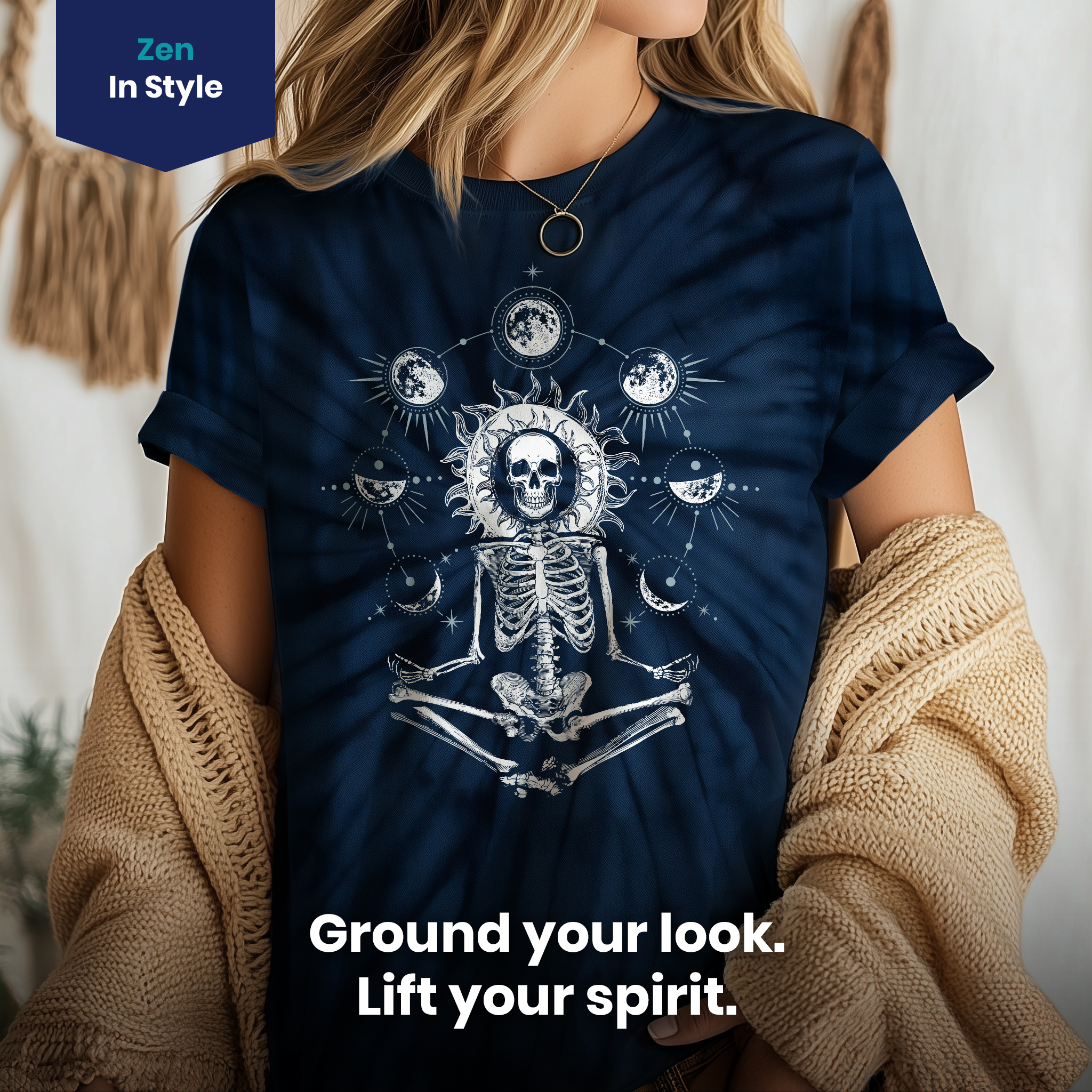 011032.Skeleton-Yoga-Moonphases-shirt-dark-bg-004-Boho Skeleton Doing Yoga Design for Women or Men Moon Phase Unisex Tie Dye Cotton T-Shirt - Image 4